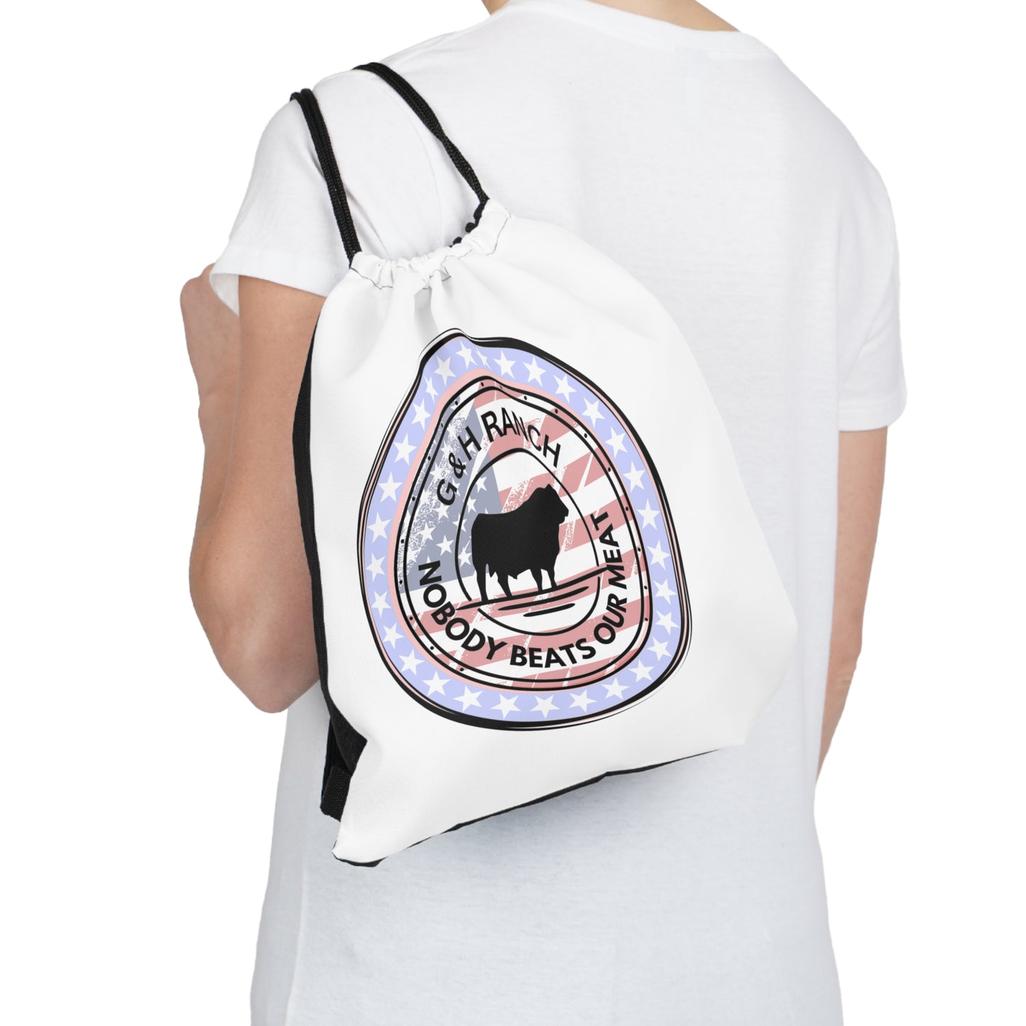 Patriotic G & H Ranch "Nobody beats our meat" Outdoor Drawstring Bag