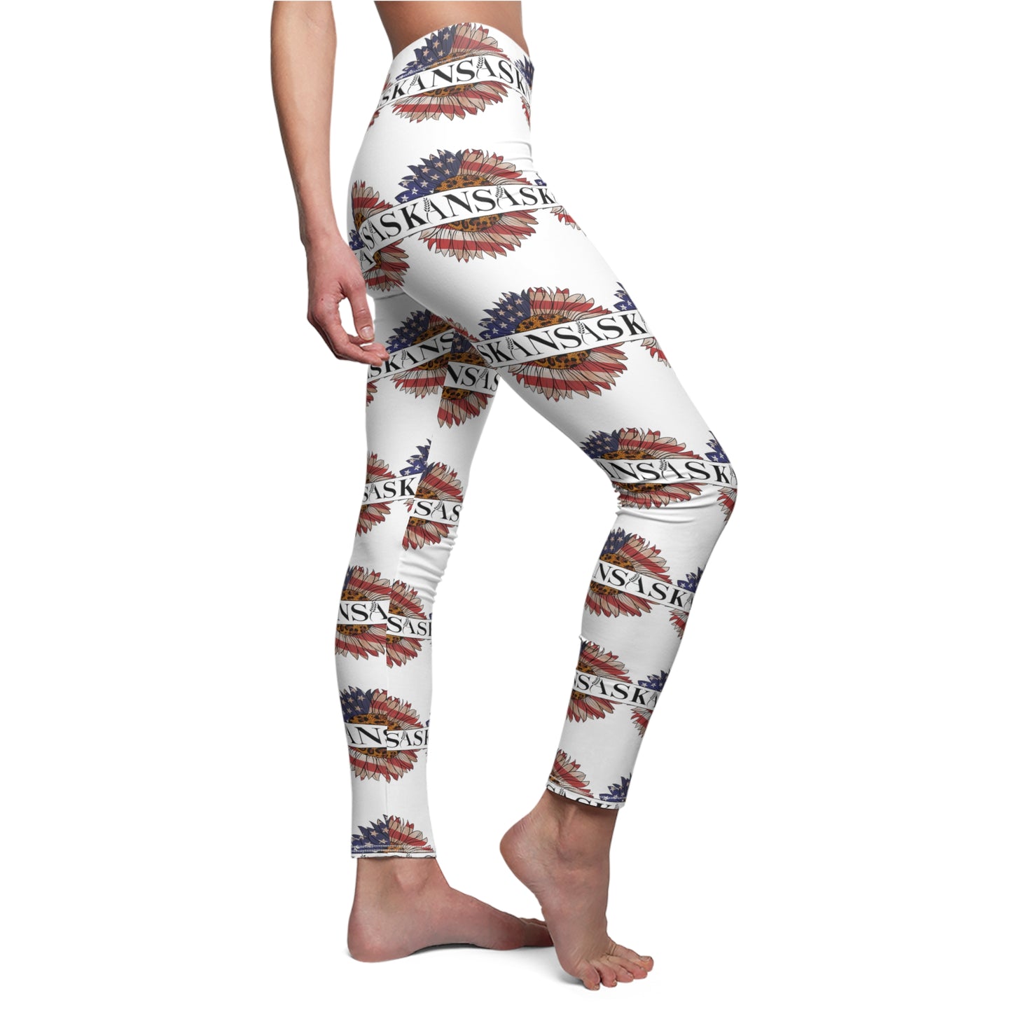 Kansas American Flag Colored Sunflower Women's Cut & Sew Casual Leggings (AOP)
