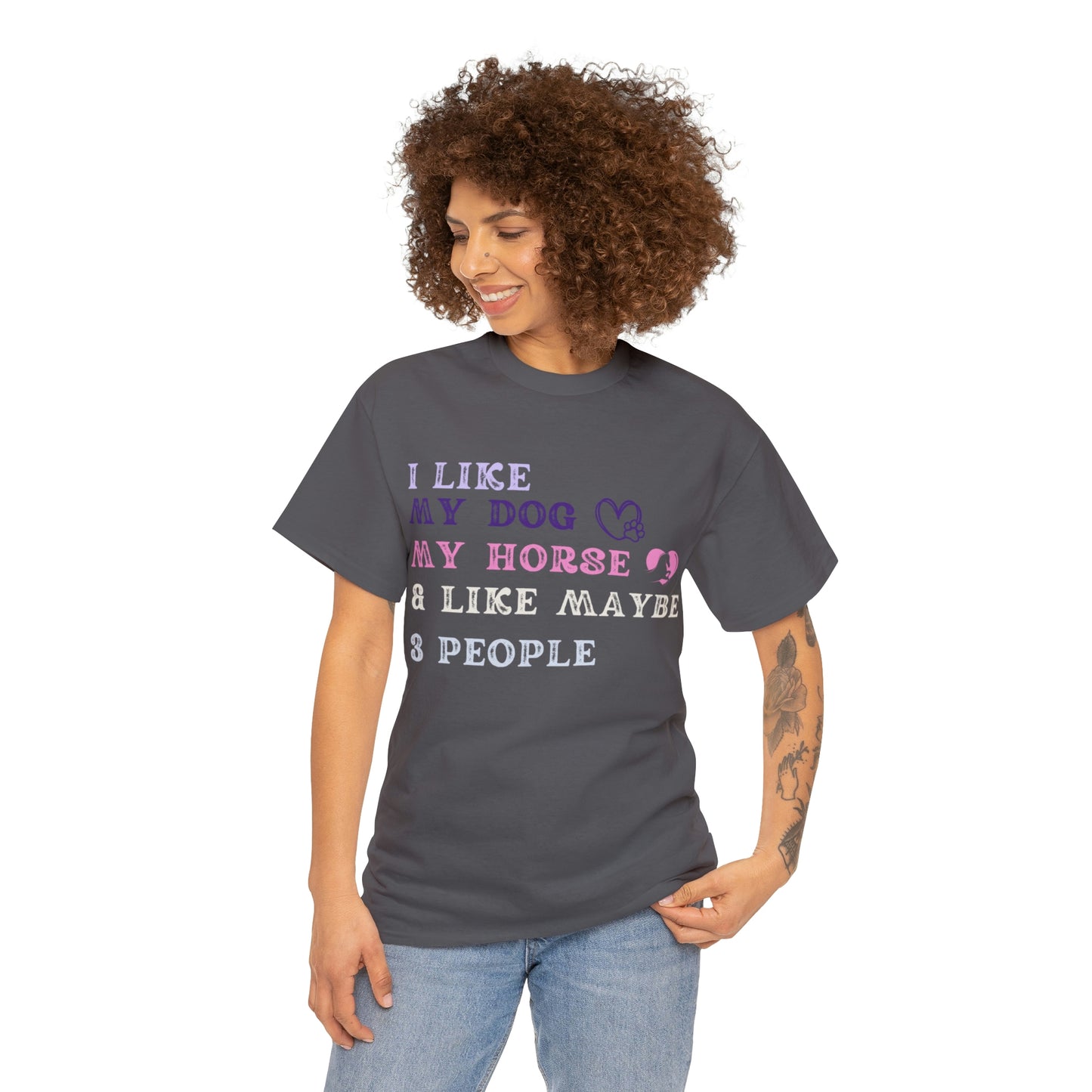 "Dog, Horse, 3 People" One Sided Unisex Heavy Cotton Tee (Printed on Front)