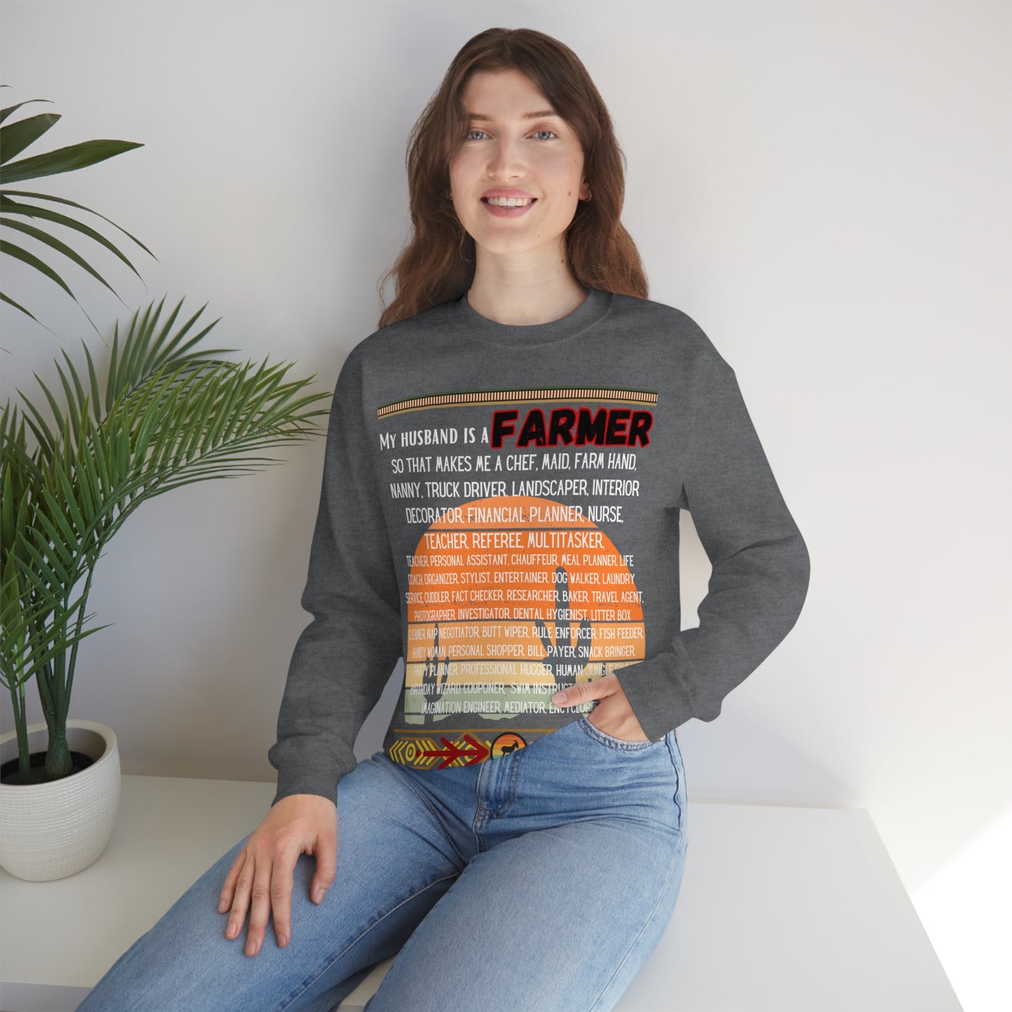 Farmer's Wife (White Lettering) One Sided Unisex Heavy Blend™ Crewneck Sweatshirt (Printed on Front)