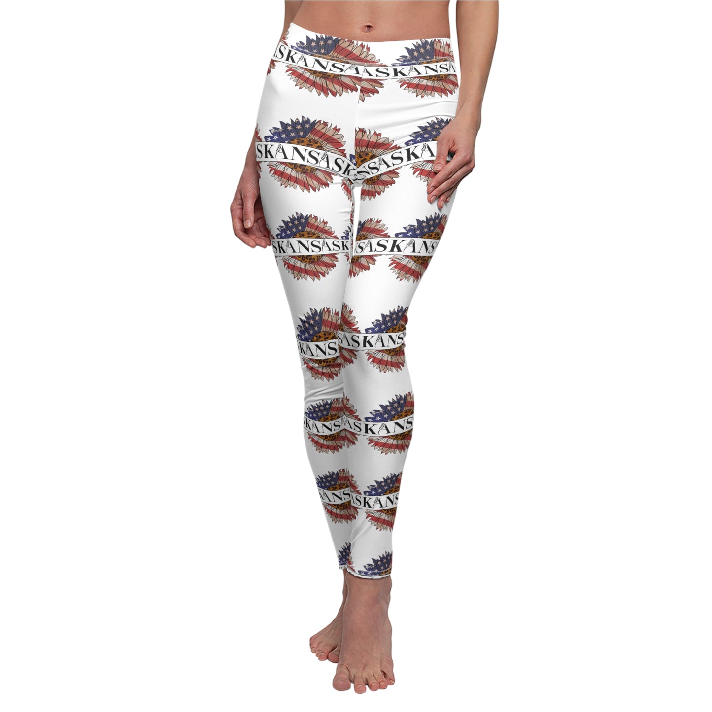 Kansas American Flag Colored Sunflower Women's Cut & Sew Casual Leggings (AOP)