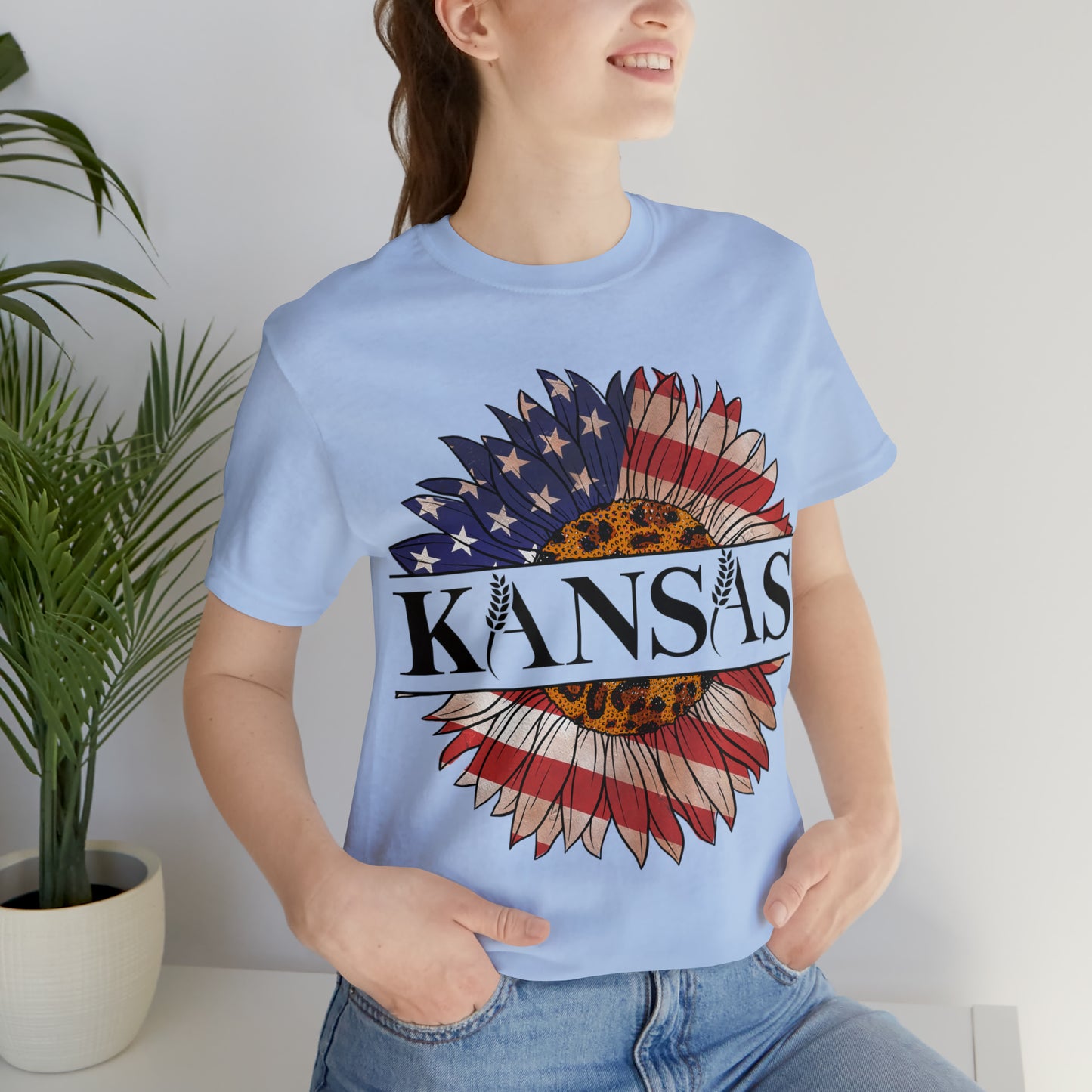 Kansas Sunflower American Colors One Sided Unisex Jersey Short Sleeve Tee (Printed on front)