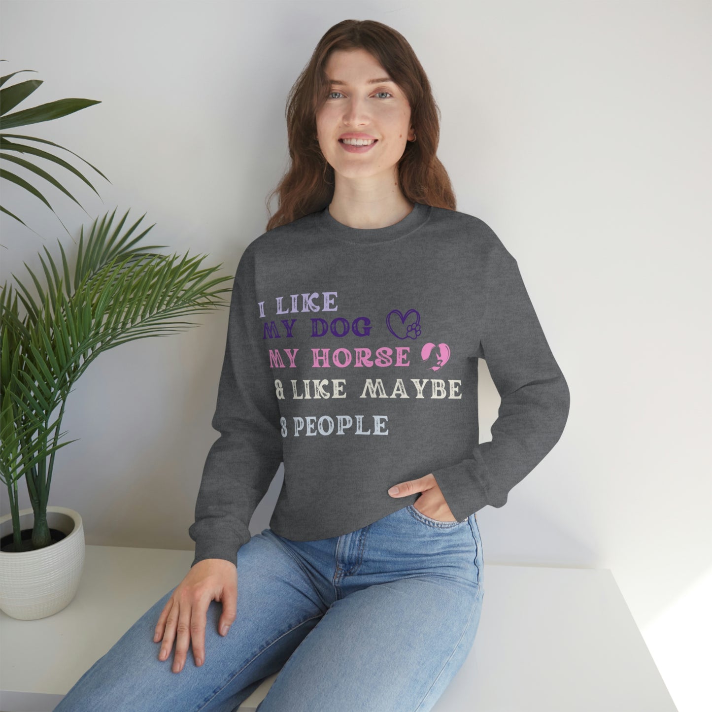 "Dog, Horse & 3 People" One Sided Unisex Heavy Blend™ Crewneck Sweatshirt (Printed on Front)