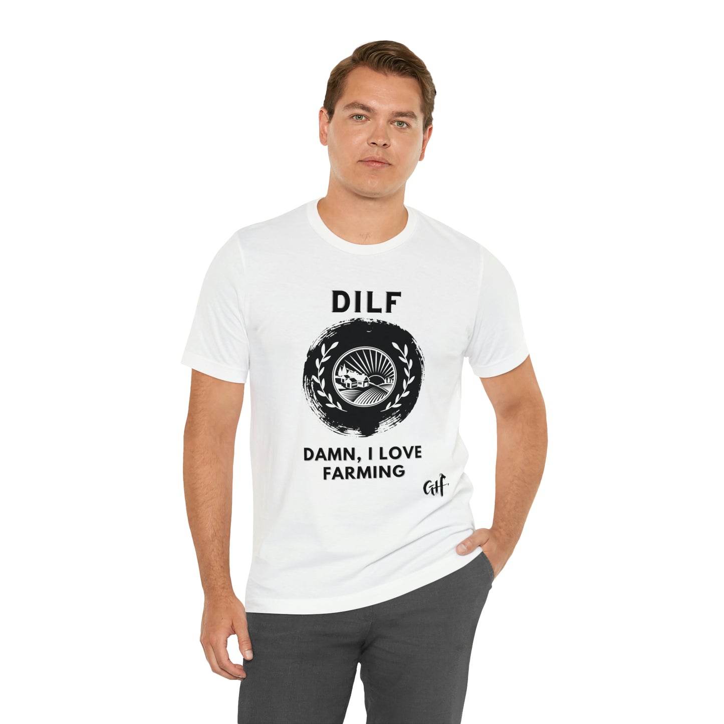 "DILF Farming" One Sided Unisex Jersey Short Sleeve Tee - Printed on Front