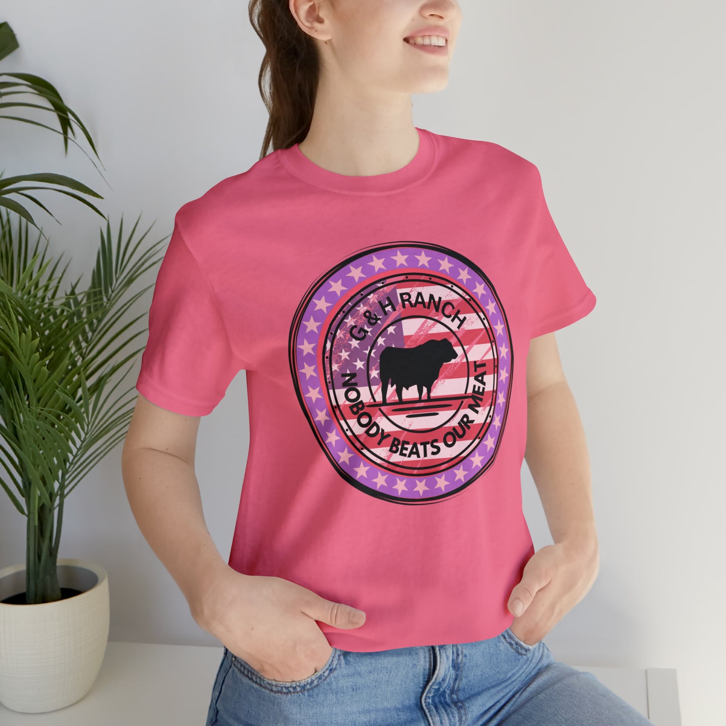 G & H Ranch Nobody Beats Our Meat Patriotic One Sided Unisex Jersey Short Sleeve Tee (Printed on Front)