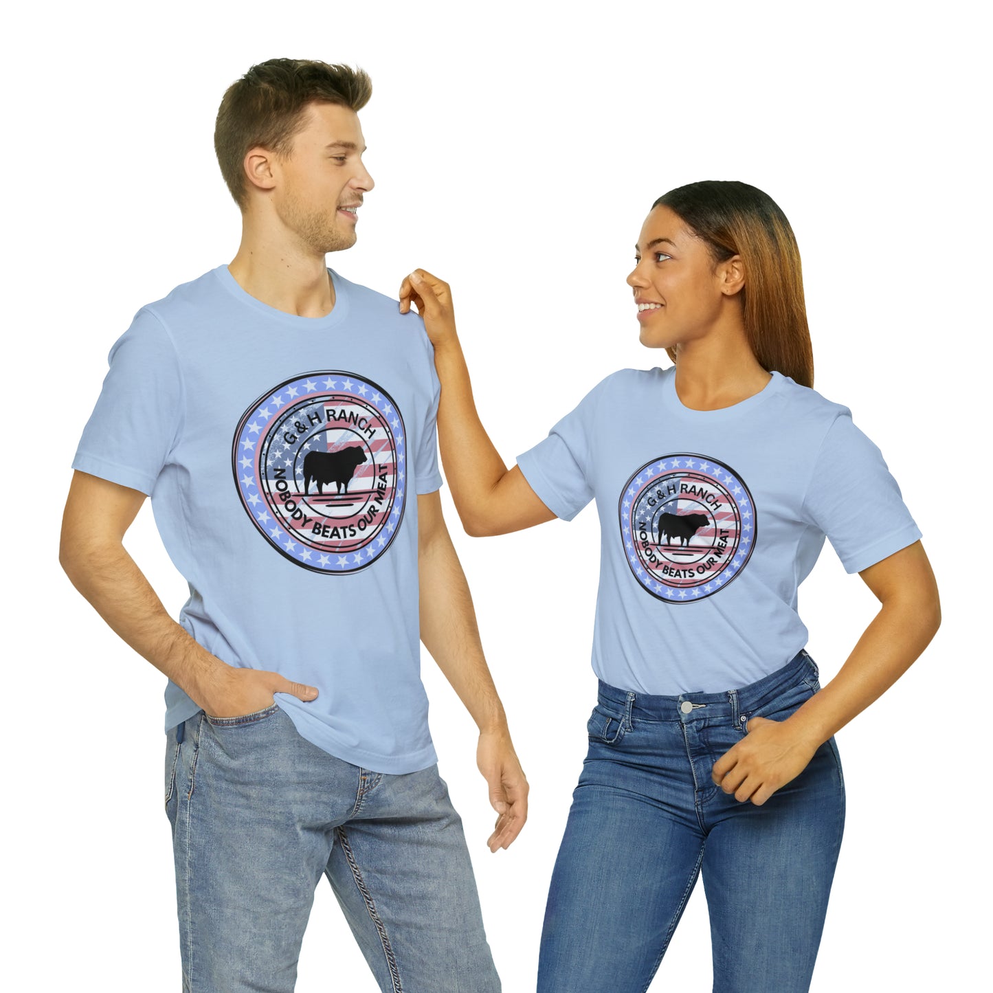 G & H Ranch Nobody Beats Our Meat Patriotic One Sided Unisex Jersey Short Sleeve Tee (Printed on Front)