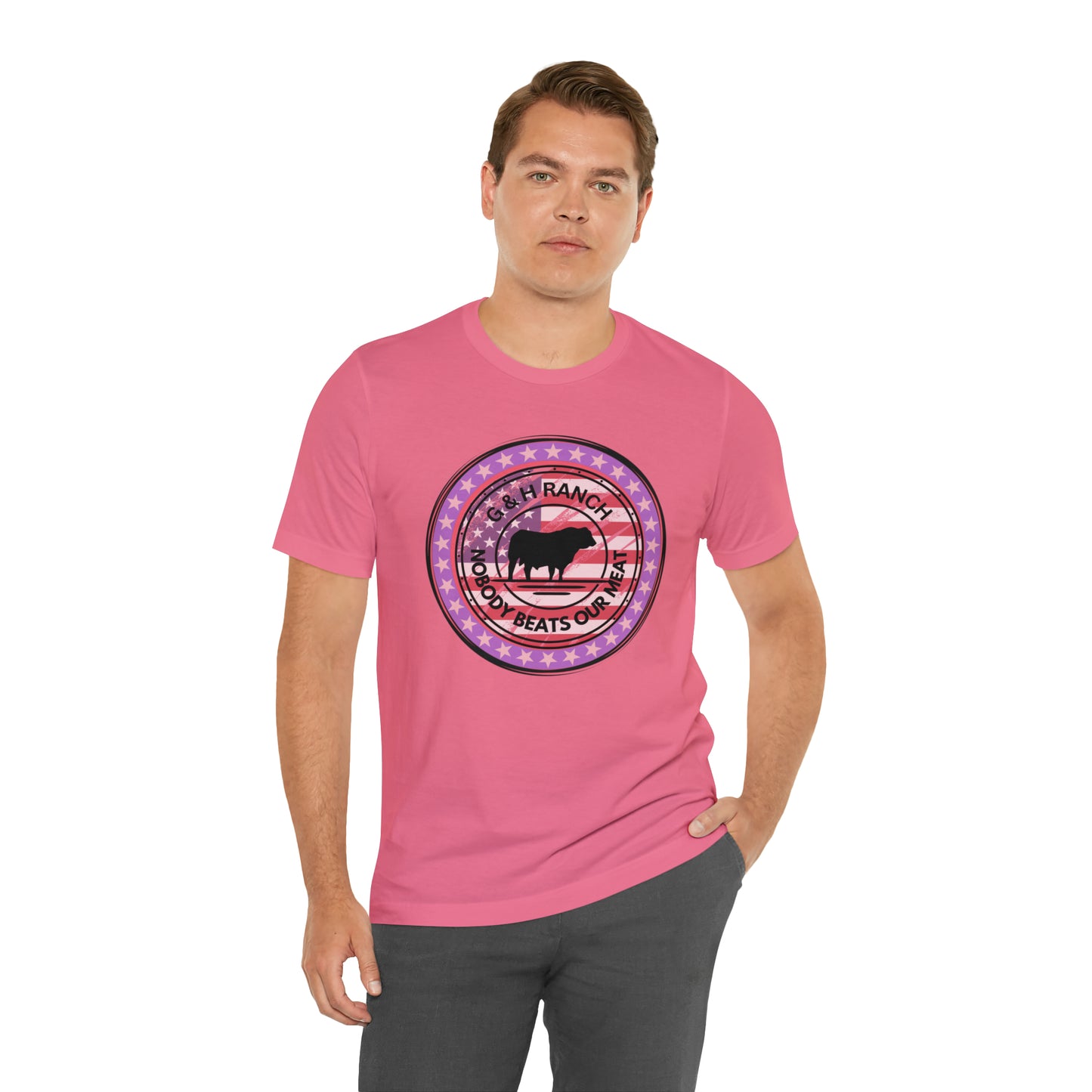 G & H Ranch Nobody Beats Our Meat Patriotic One Sided Unisex Jersey Short Sleeve Tee (Printed on Front)