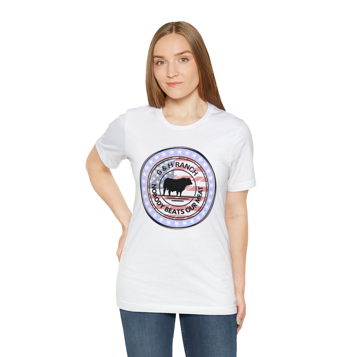 G & H Ranch Nobody Beats Our Meat Patriotic One Sided Unisex Jersey Short Sleeve Tee (Printed on Front)