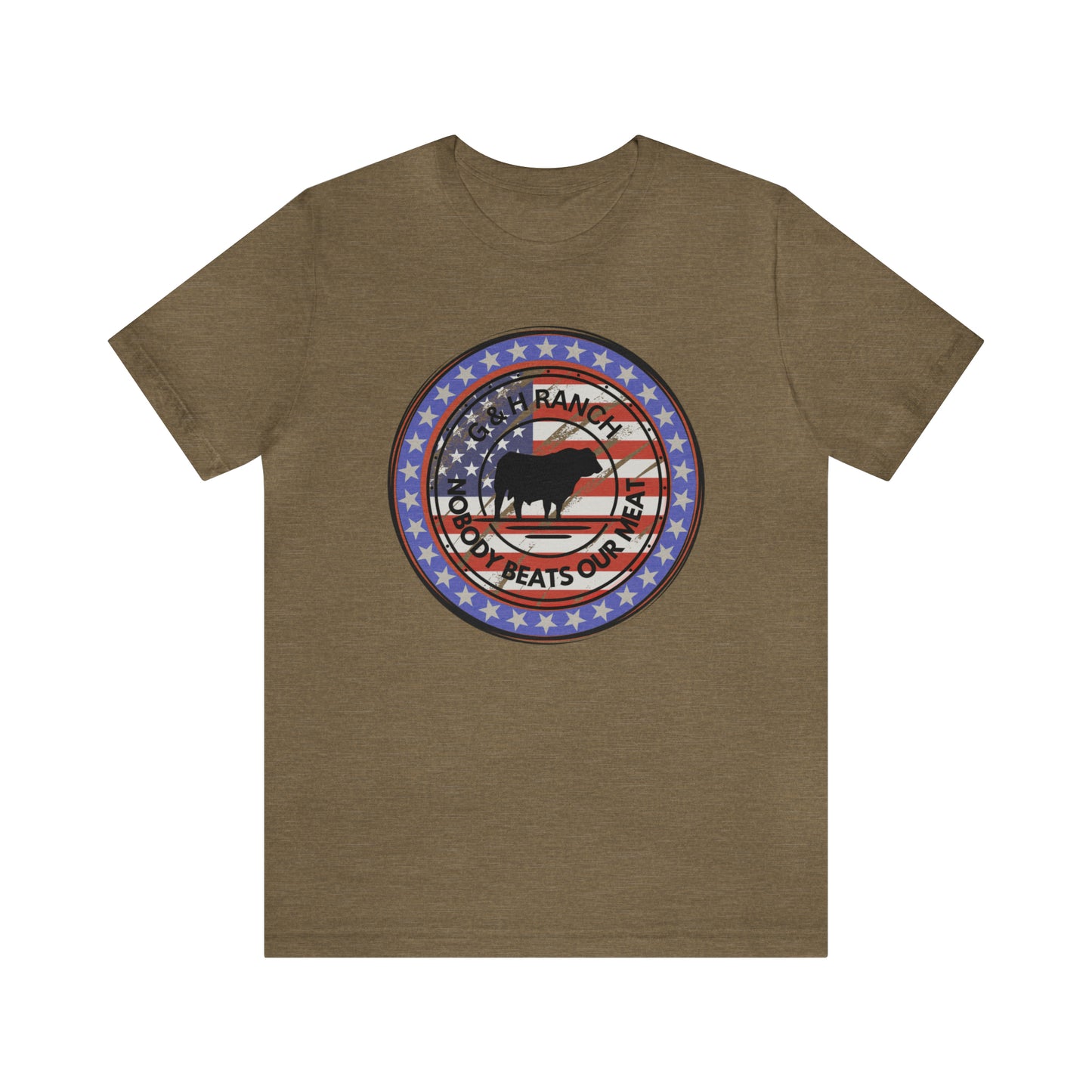 G & H Ranch Nobody Beats Our Meat Patriotic One Sided Unisex Jersey Short Sleeve Tee (Printed on Front)