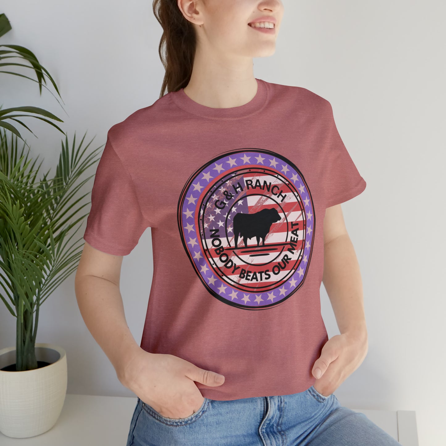 G & H Ranch Nobody Beats Our Meat Patriotic One Sided Unisex Jersey Short Sleeve Tee (Printed on Front)