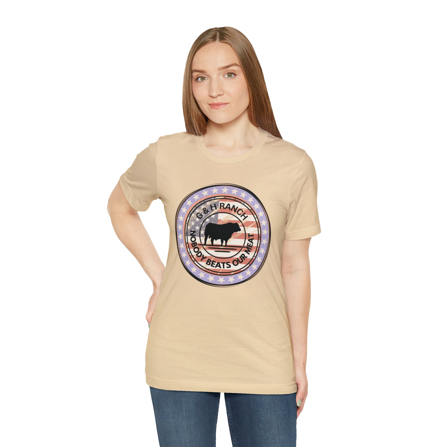 G & H Ranch Nobody Beats Our Meat Patriotic One Sided Unisex Jersey Short Sleeve Tee (Printed on Front)