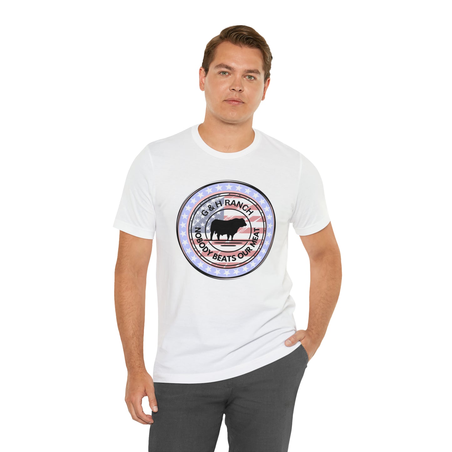 G & H Ranch Nobody Beats Our Meat Patriotic One Sided Unisex Jersey Short Sleeve Tee (Printed on Front)