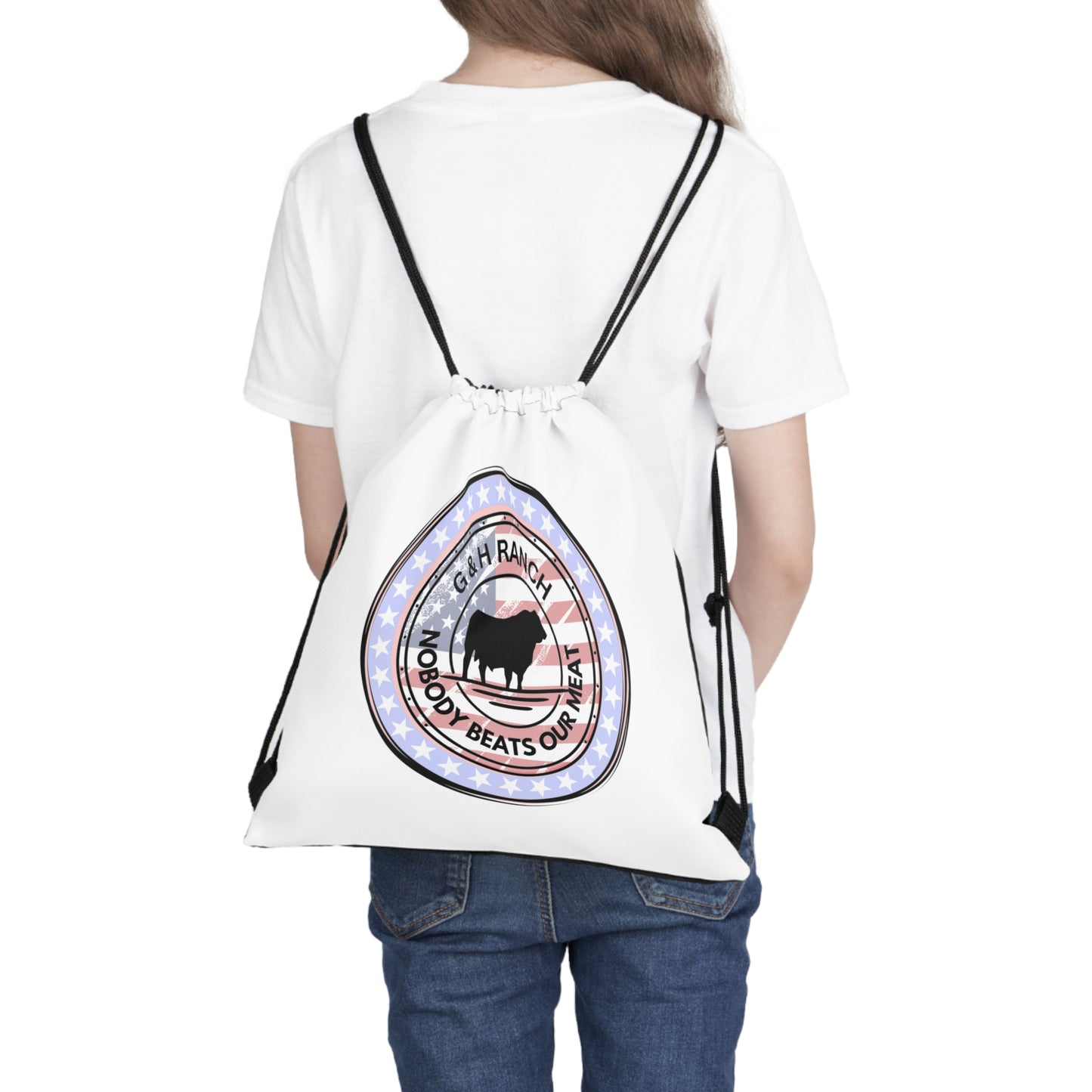 Patriotic G & H Ranch "Nobody beats our meat" Outdoor Drawstring Bag