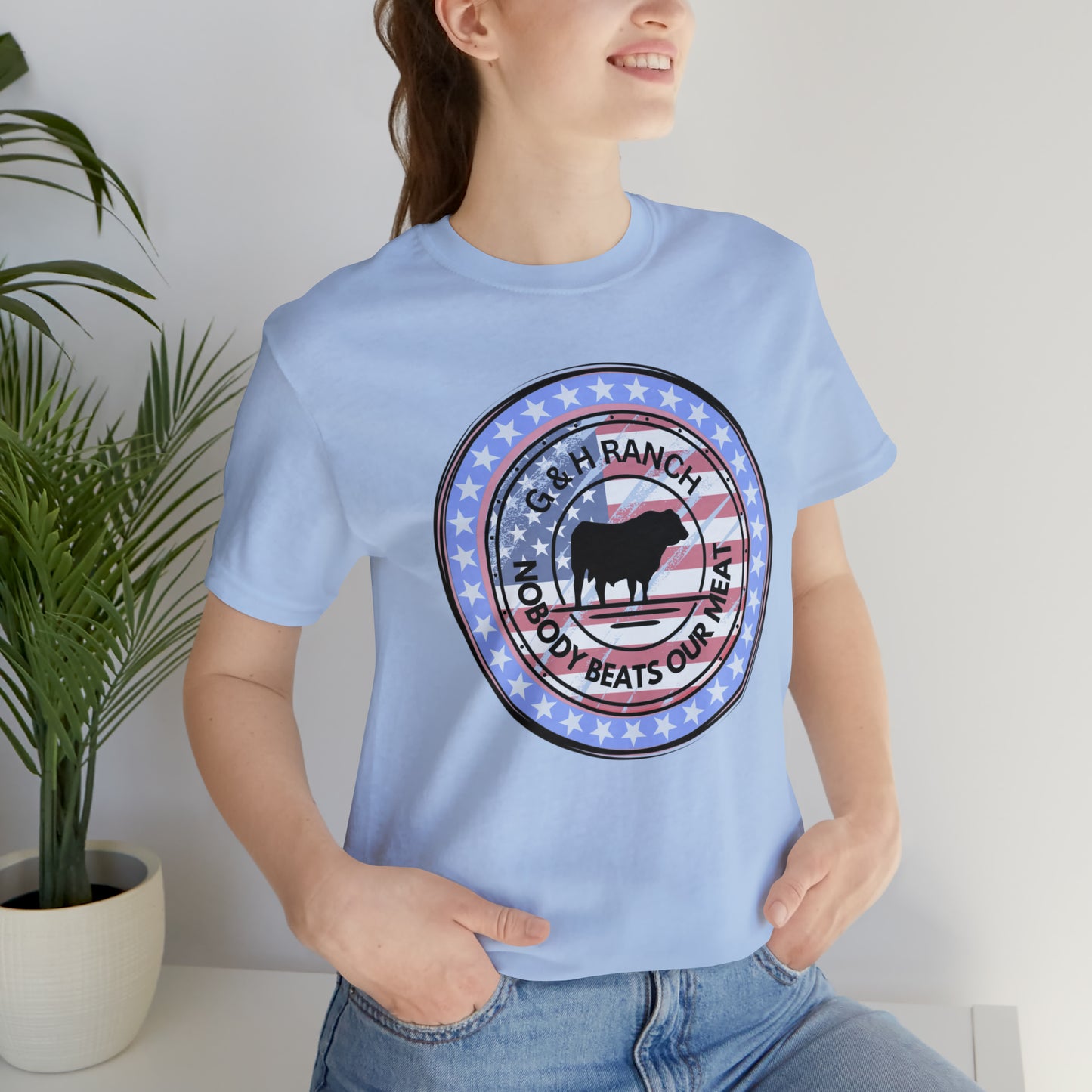 G & H Ranch Nobody Beats Our Meat Patriotic One Sided Unisex Jersey Short Sleeve Tee (Printed on Front)