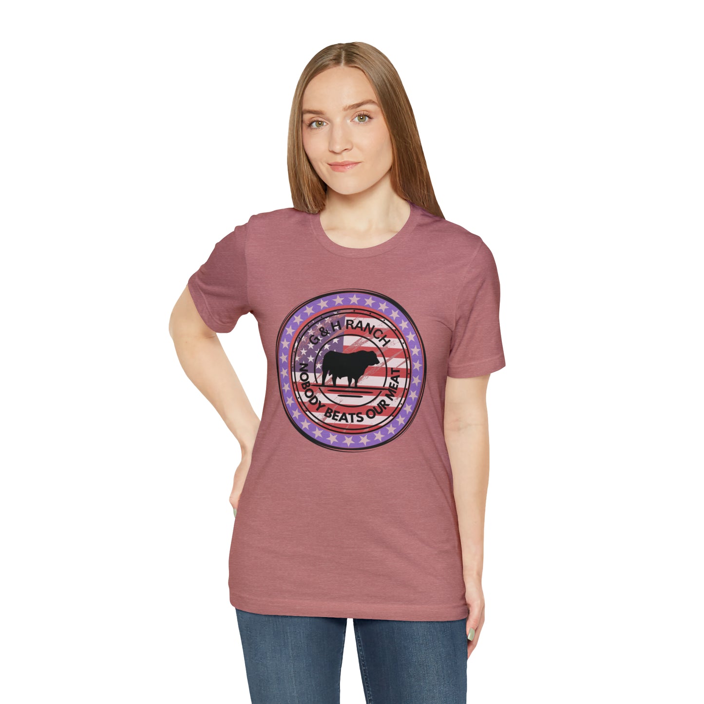 G & H Ranch Nobody Beats Our Meat Patriotic One Sided Unisex Jersey Short Sleeve Tee (Printed on Front)