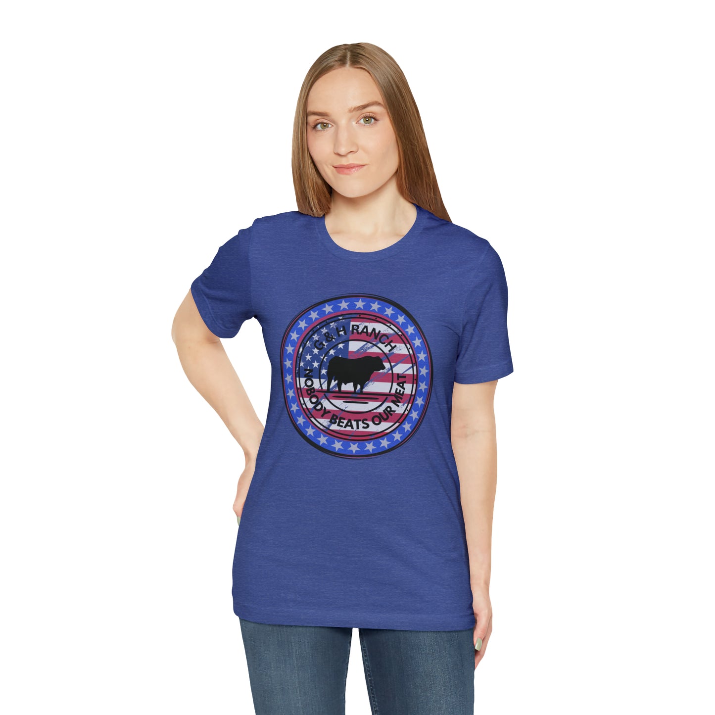 G & H Ranch Nobody Beats Our Meat Patriotic One Sided Unisex Jersey Short Sleeve Tee (Printed on Front)