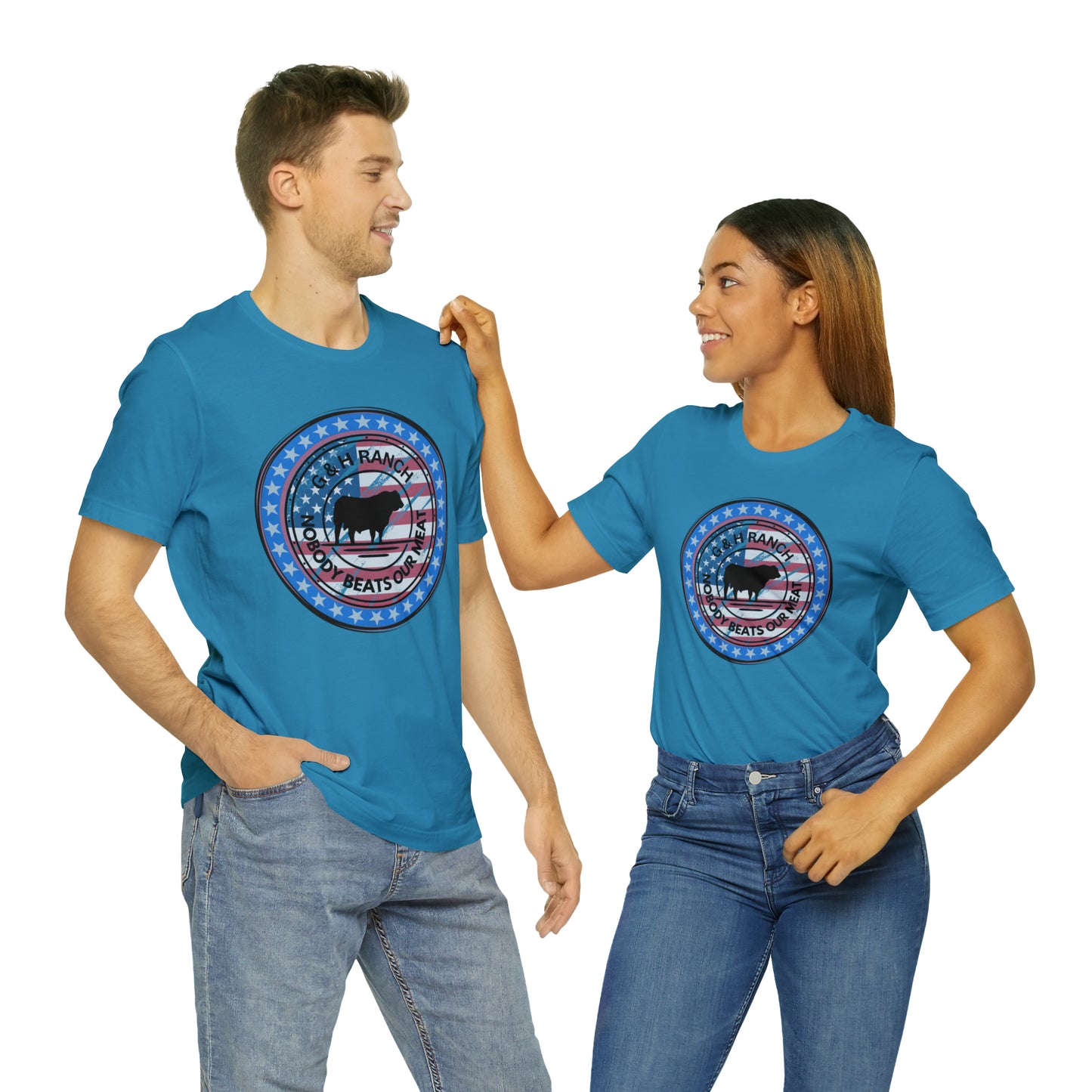 G & H Ranch Nobody Beats Our Meat Patriotic One Sided Unisex Jersey Short Sleeve Tee (Printed on Front)