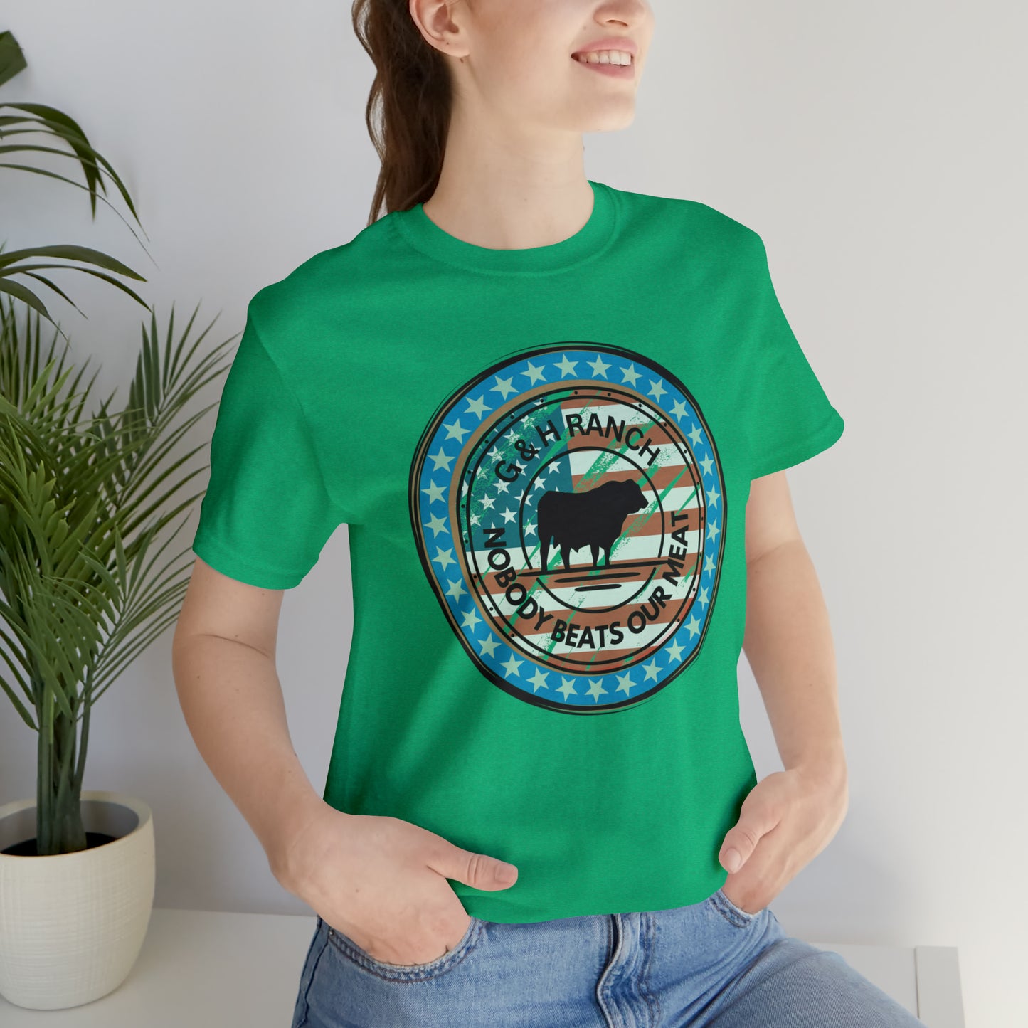 G & H Ranch Nobody Beats Our Meat Patriotic One Sided Unisex Jersey Short Sleeve Tee (Printed on Front)