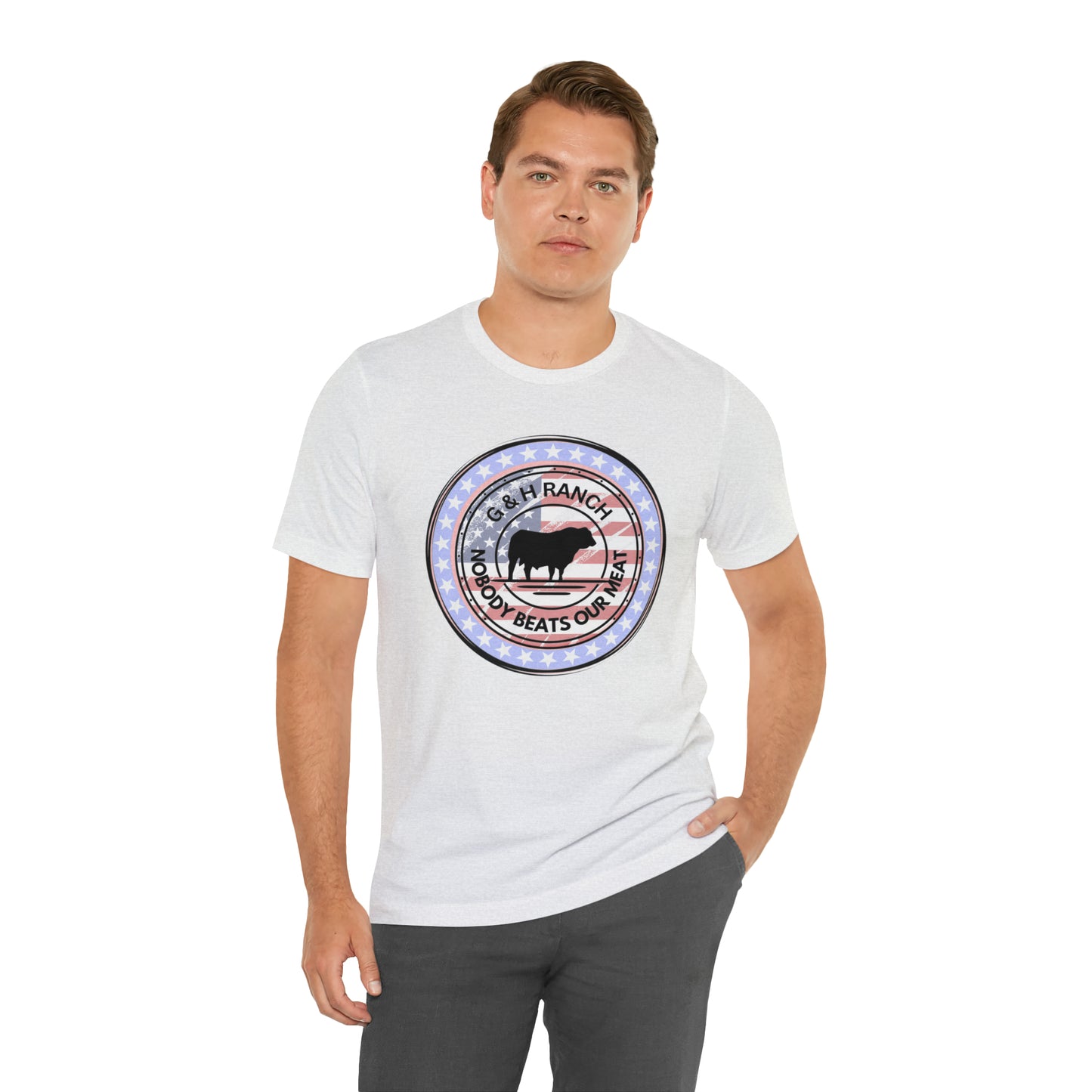 G & H Ranch Nobody Beats Our Meat Patriotic One Sided Unisex Jersey Short Sleeve Tee (Printed on Front)