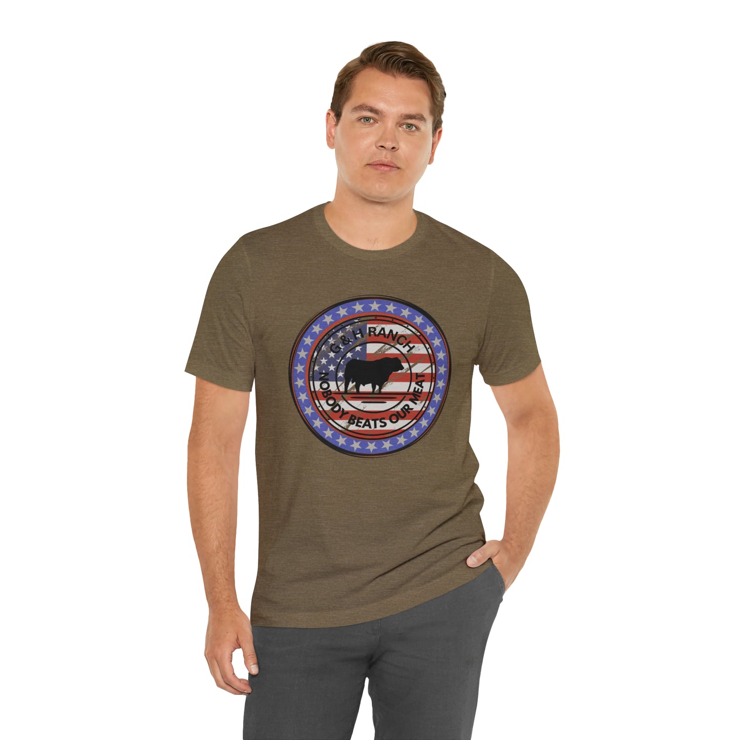 G & H Ranch Nobody Beats Our Meat Patriotic One Sided Unisex Jersey Short Sleeve Tee (Printed on Front)