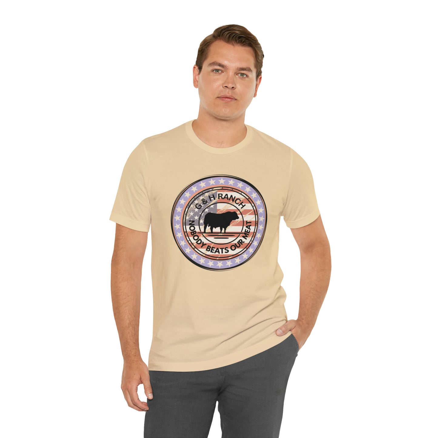 G & H Ranch Nobody Beats Our Meat Patriotic One Sided Unisex Jersey Short Sleeve Tee (Printed on Front)