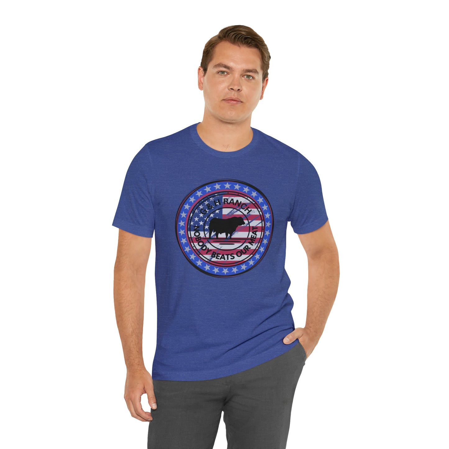 G & H Ranch Nobody Beats Our Meat Patriotic One Sided Unisex Jersey Short Sleeve Tee (Printed on Front)