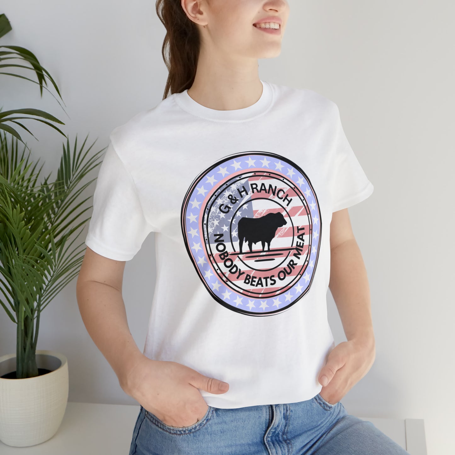 G & H Ranch Nobody Beats Our Meat Patriotic One Sided Unisex Jersey Short Sleeve Tee (Printed on Front)