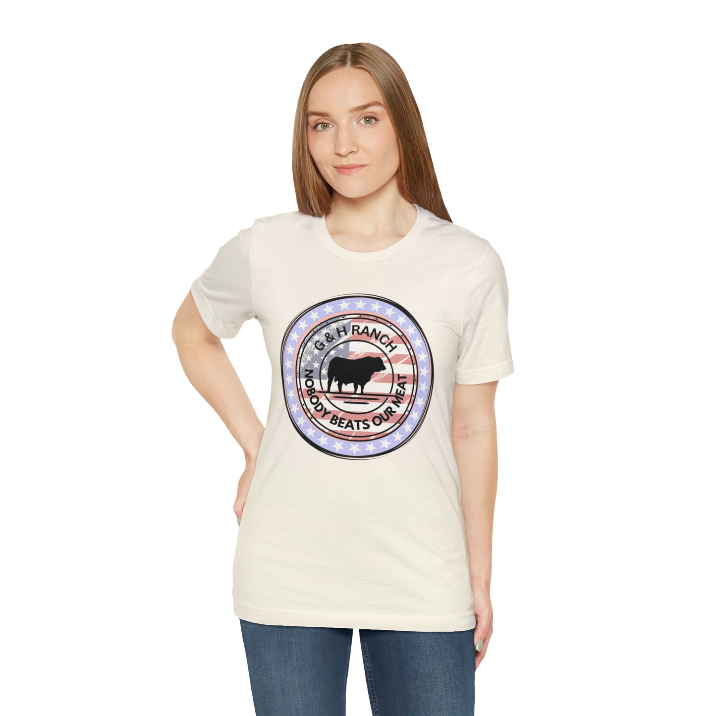 G & H Ranch Nobody Beats Our Meat Patriotic One Sided Unisex Jersey Short Sleeve Tee (Printed on Front)