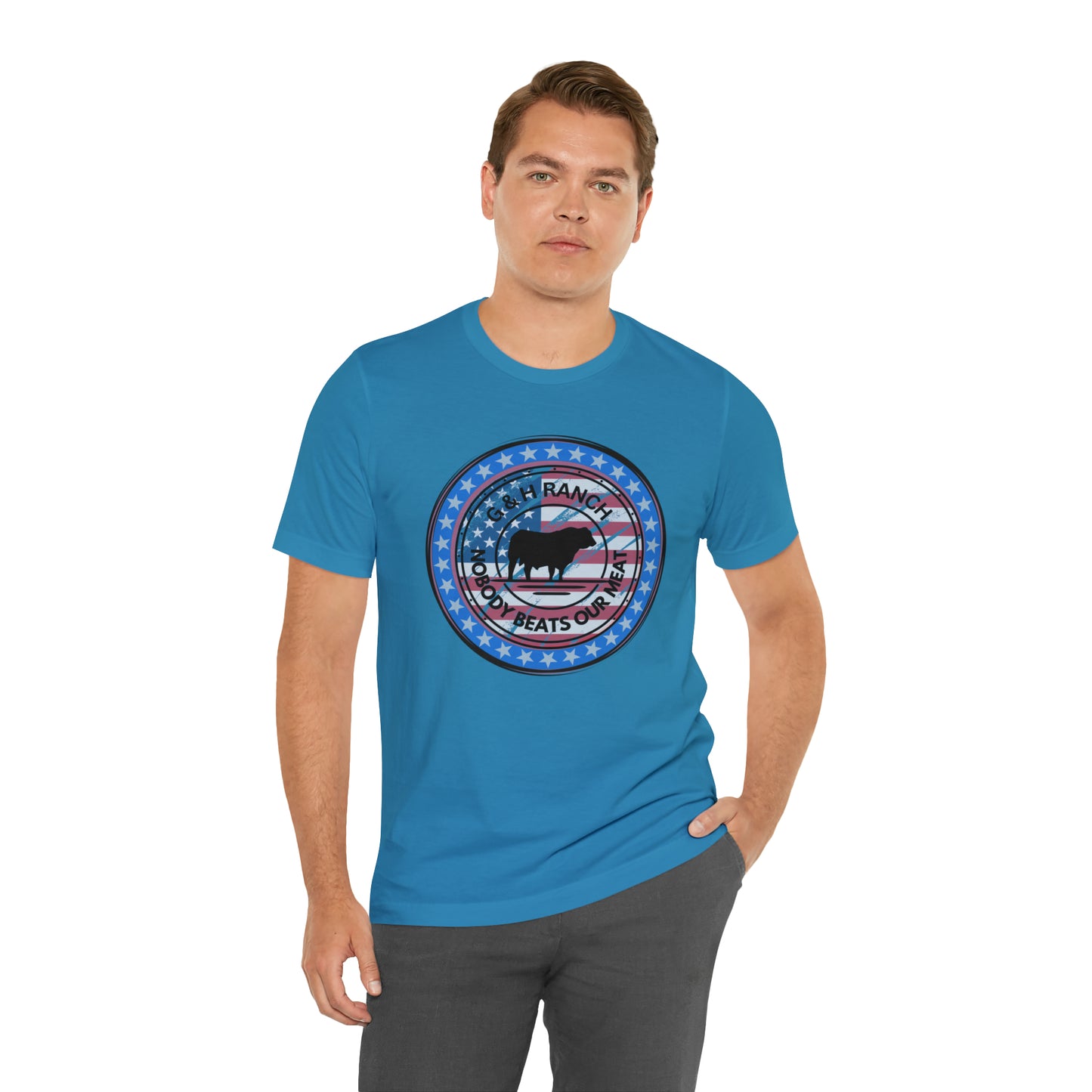 G & H Ranch Nobody Beats Our Meat Patriotic One Sided Unisex Jersey Short Sleeve Tee (Printed on Front)