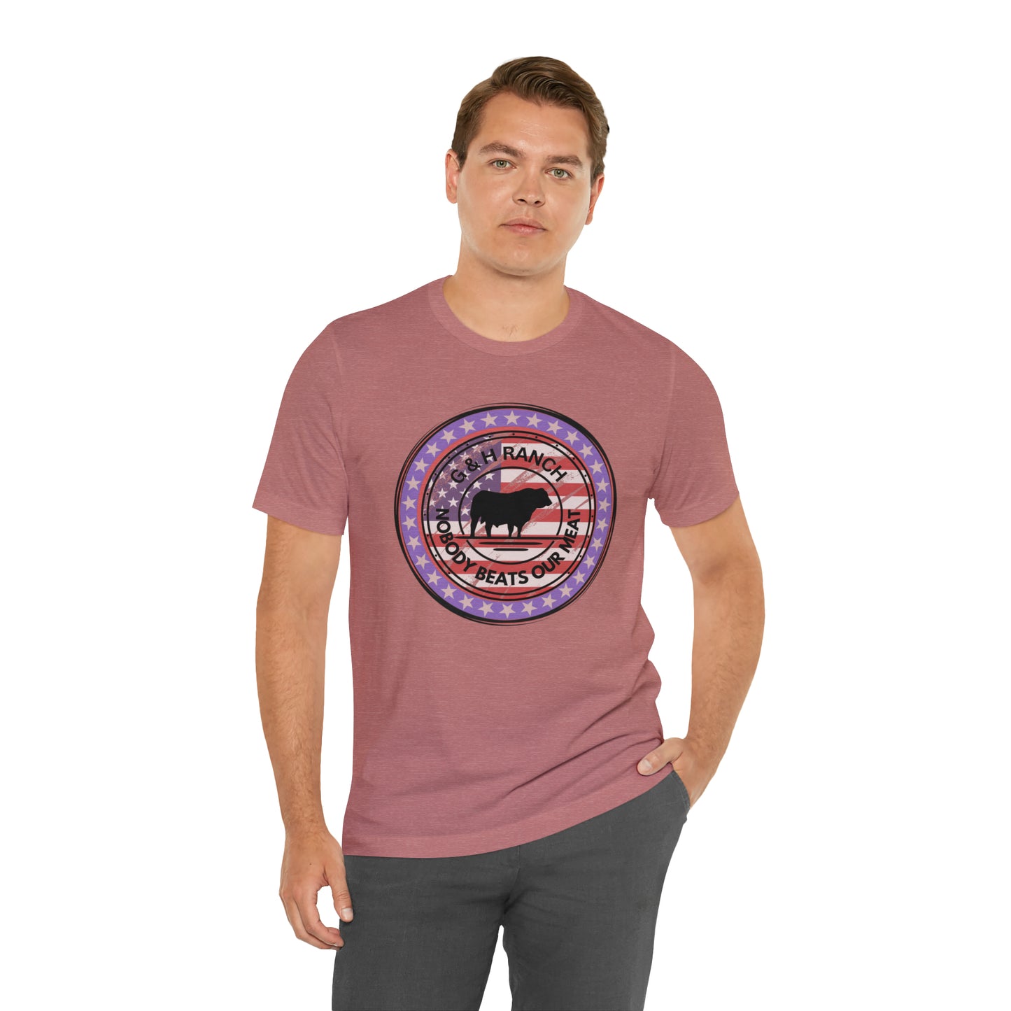 G & H Ranch Nobody Beats Our Meat Patriotic One Sided Unisex Jersey Short Sleeve Tee (Printed on Front)