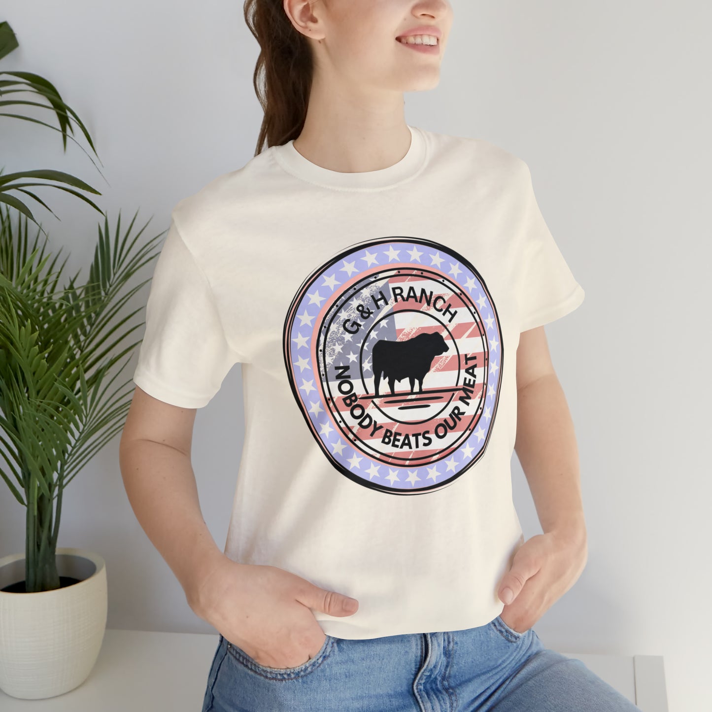 G & H Ranch Nobody Beats Our Meat Patriotic One Sided Unisex Jersey Short Sleeve Tee (Printed on Front)