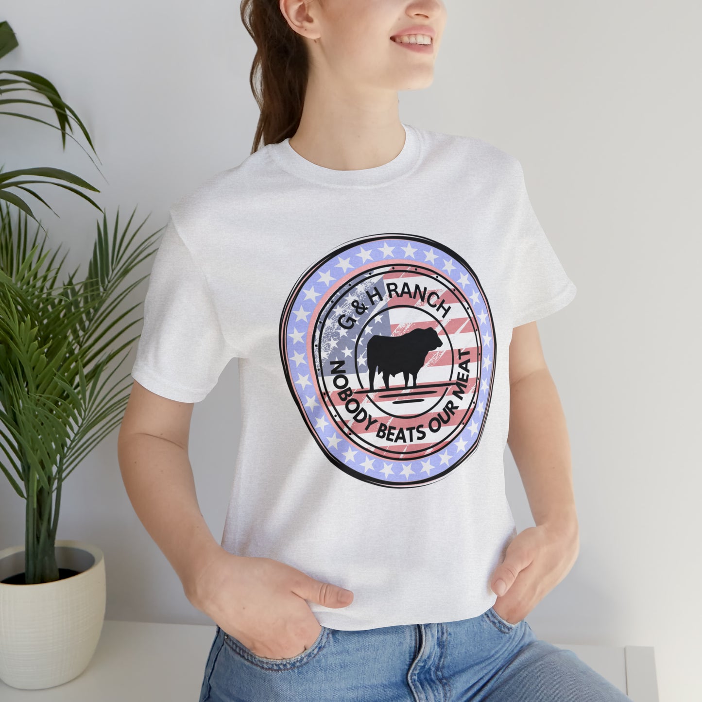 G & H Ranch Nobody Beats Our Meat Patriotic One Sided Unisex Jersey Short Sleeve Tee (Printed on Front)