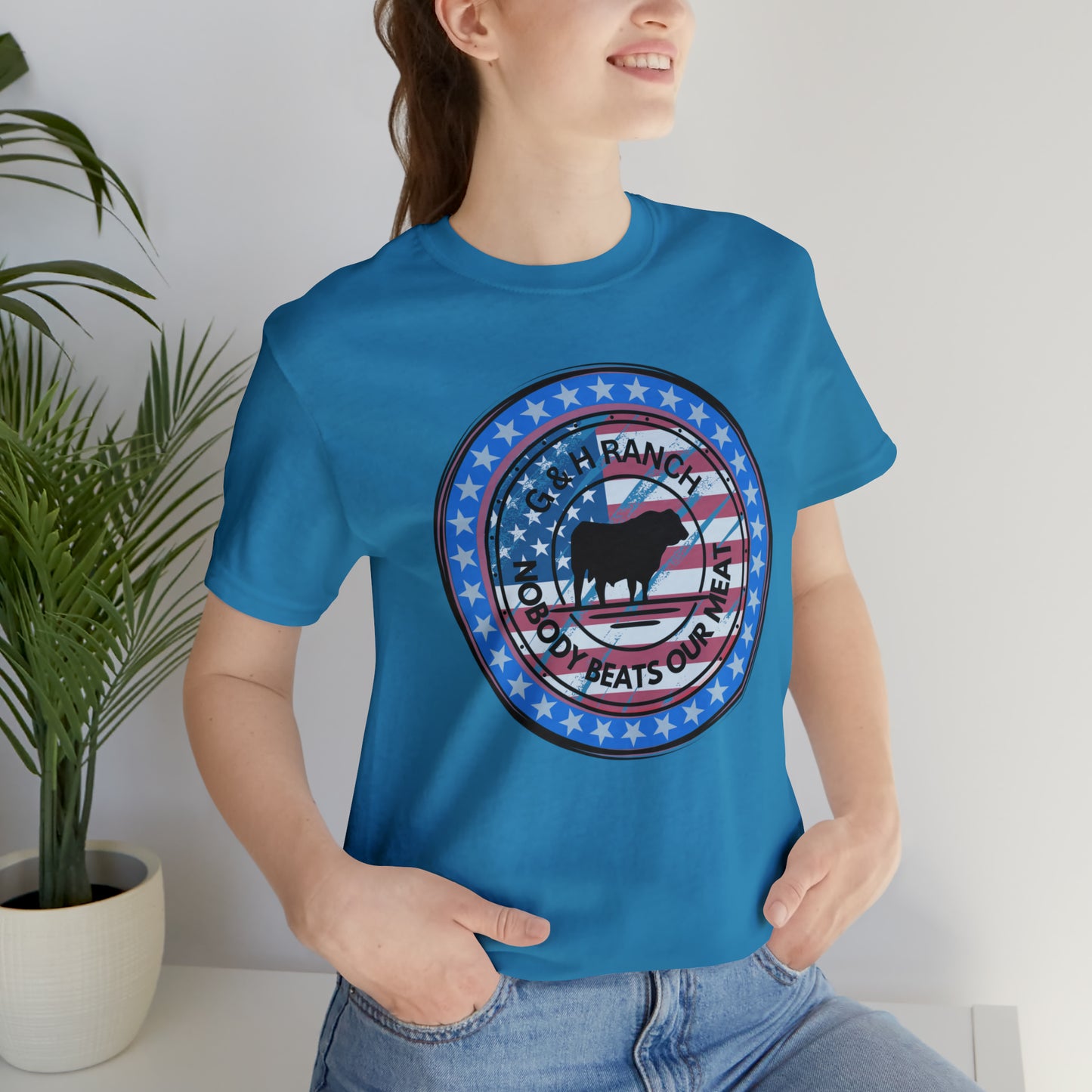 G & H Ranch Nobody Beats Our Meat Patriotic One Sided Unisex Jersey Short Sleeve Tee (Printed on Front)