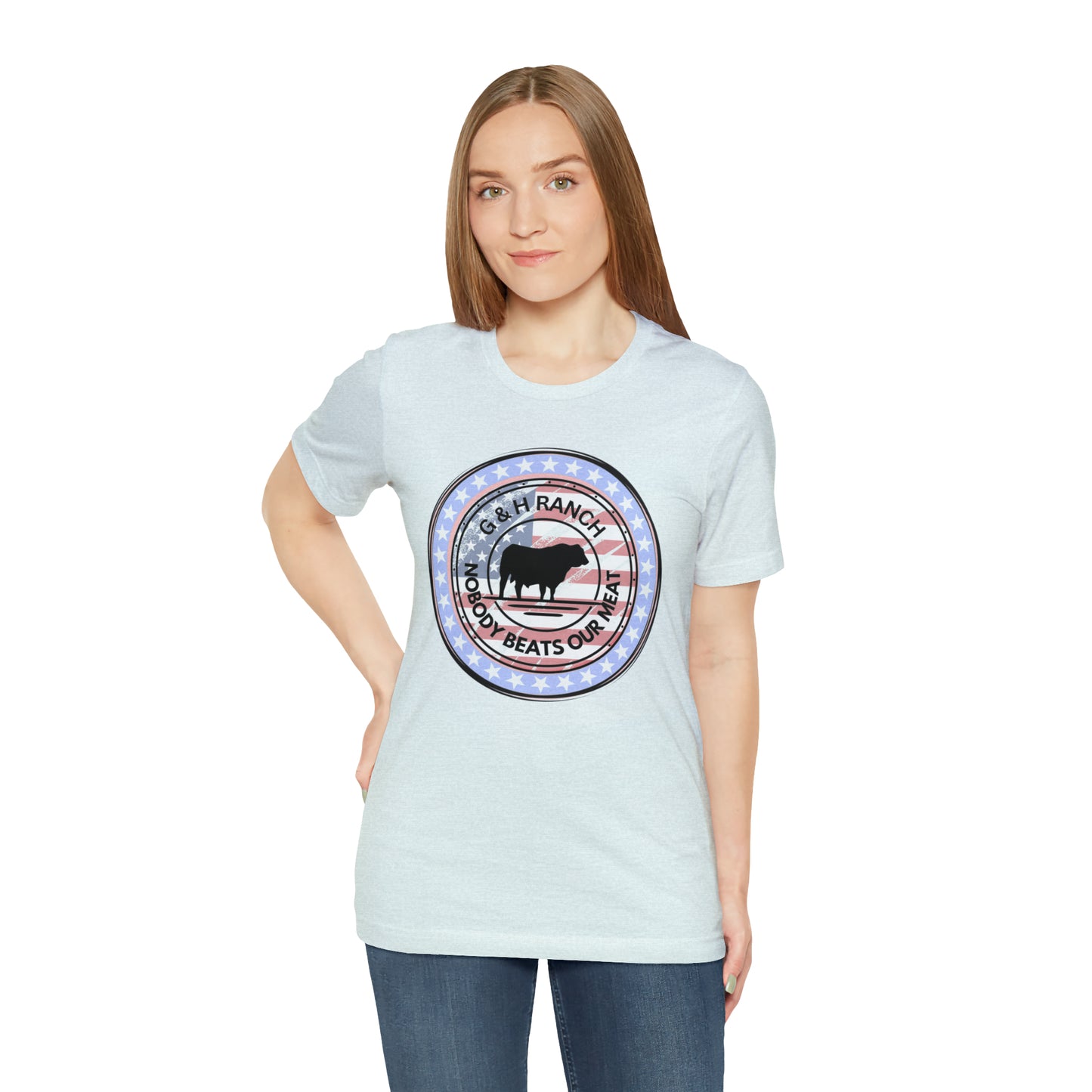 G & H Ranch Nobody Beats Our Meat Patriotic One Sided Unisex Jersey Short Sleeve Tee (Printed on Front)