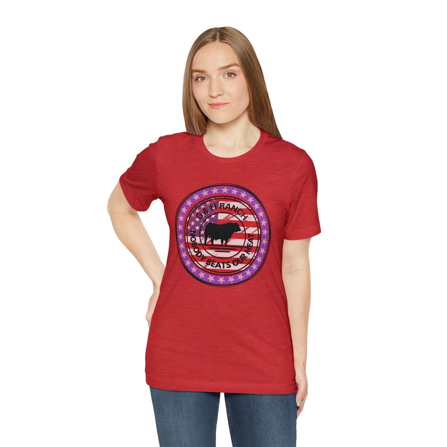 G & H Ranch Nobody Beats Our Meat Patriotic One Sided Unisex Jersey Short Sleeve Tee (Printed on Front)