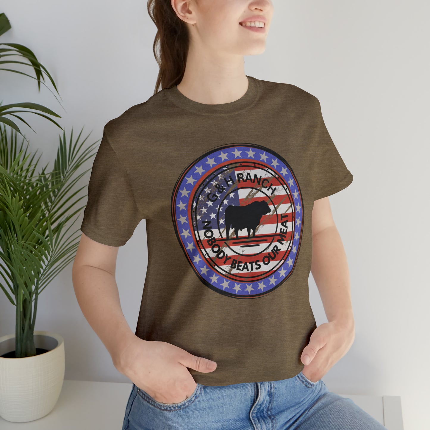 G & H Ranch Nobody Beats Our Meat Patriotic One Sided Unisex Jersey Short Sleeve Tee (Printed on Front)