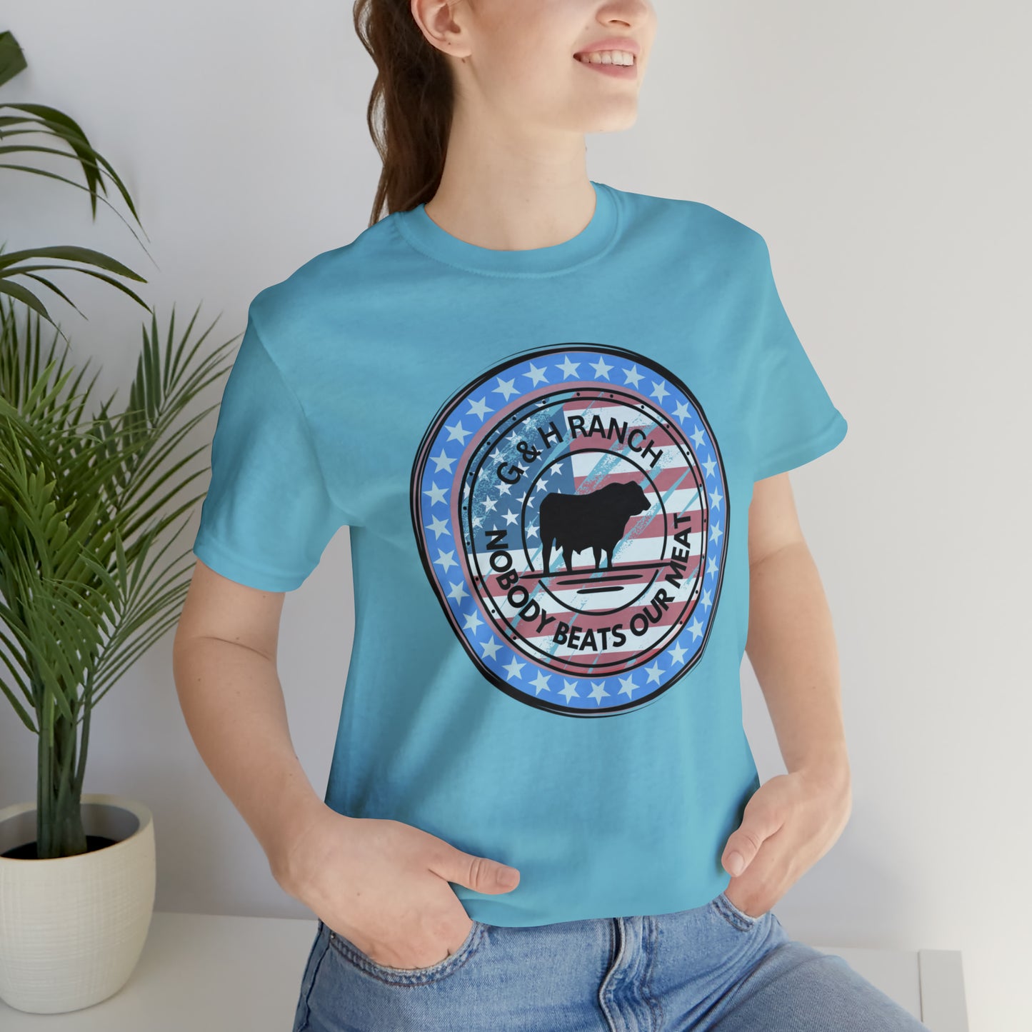 G & H Ranch Nobody Beats Our Meat Patriotic One Sided Unisex Jersey Short Sleeve Tee (Printed on Front)