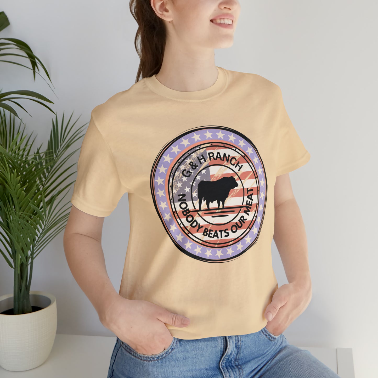 G & H Ranch Nobody Beats Our Meat Patriotic One Sided Unisex Jersey Short Sleeve Tee (Printed on Front)