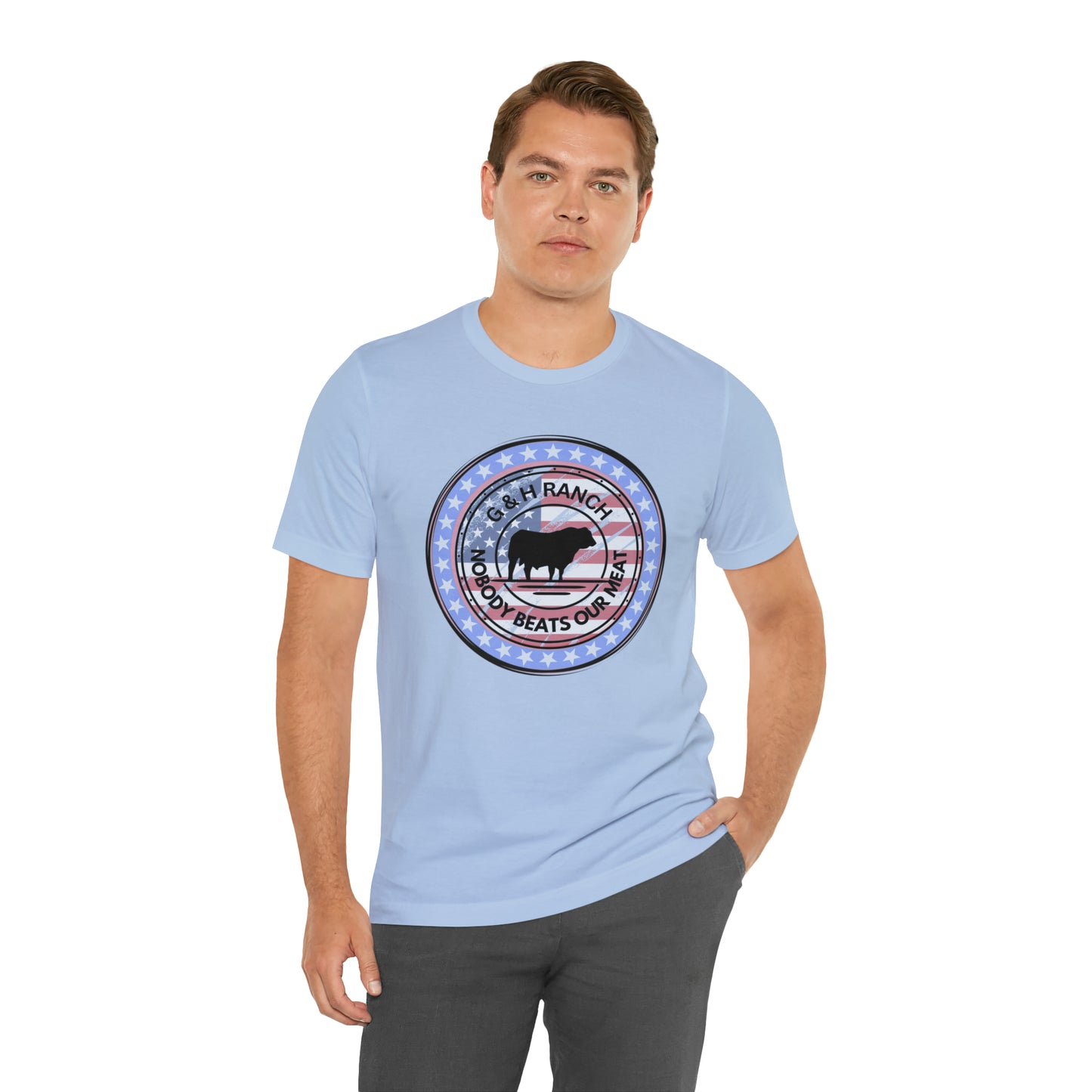 G & H Ranch Nobody Beats Our Meat Patriotic One Sided Unisex Jersey Short Sleeve Tee (Printed on Front)