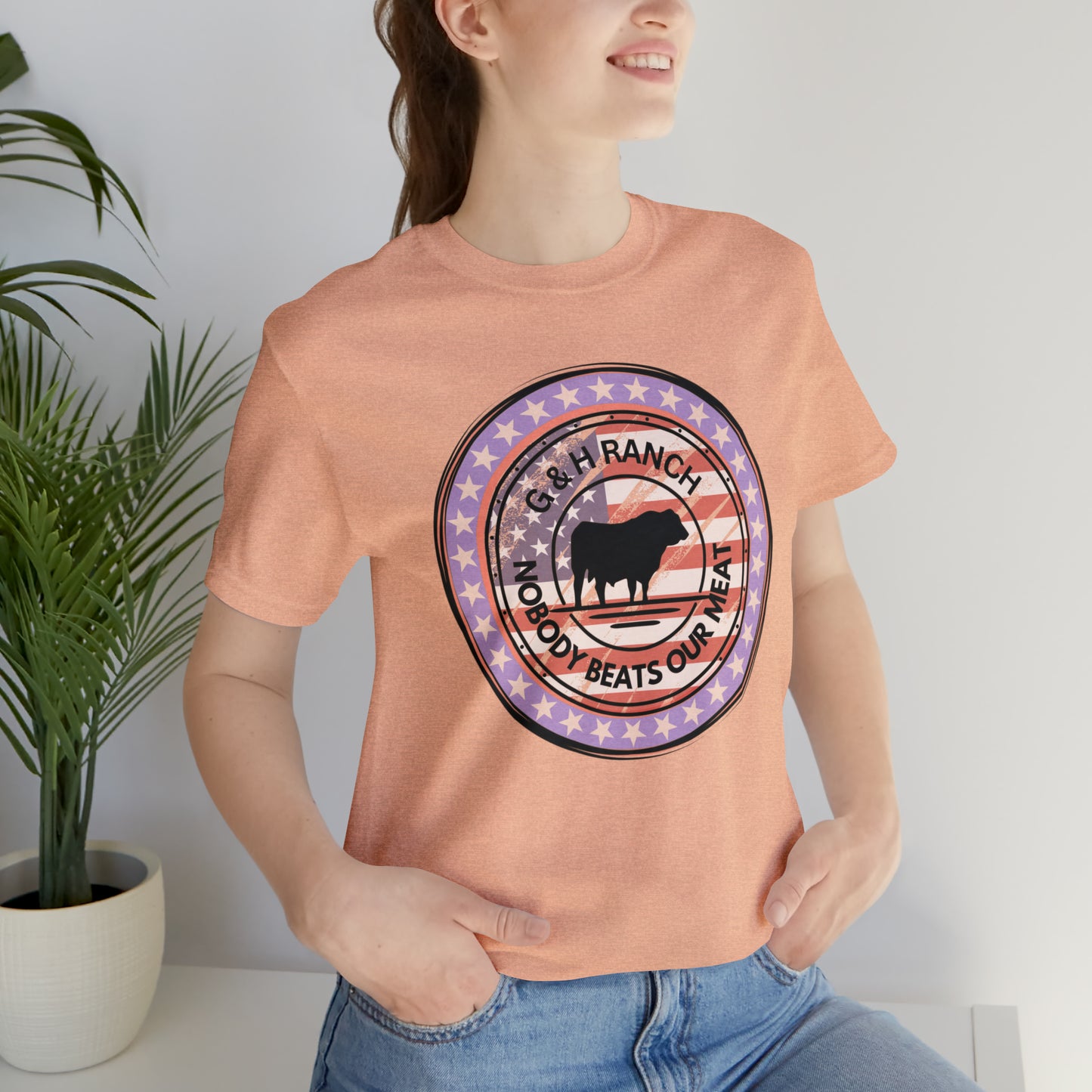 G & H Ranch Nobody Beats Our Meat Patriotic One Sided Unisex Jersey Short Sleeve Tee (Printed on Front)