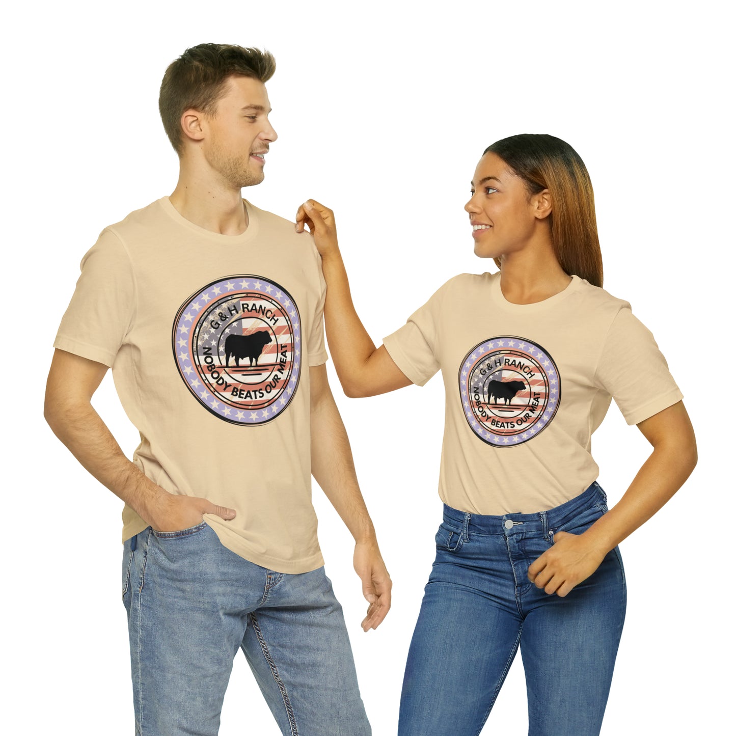 G & H Ranch Nobody Beats Our Meat Patriotic One Sided Unisex Jersey Short Sleeve Tee (Printed on Front)