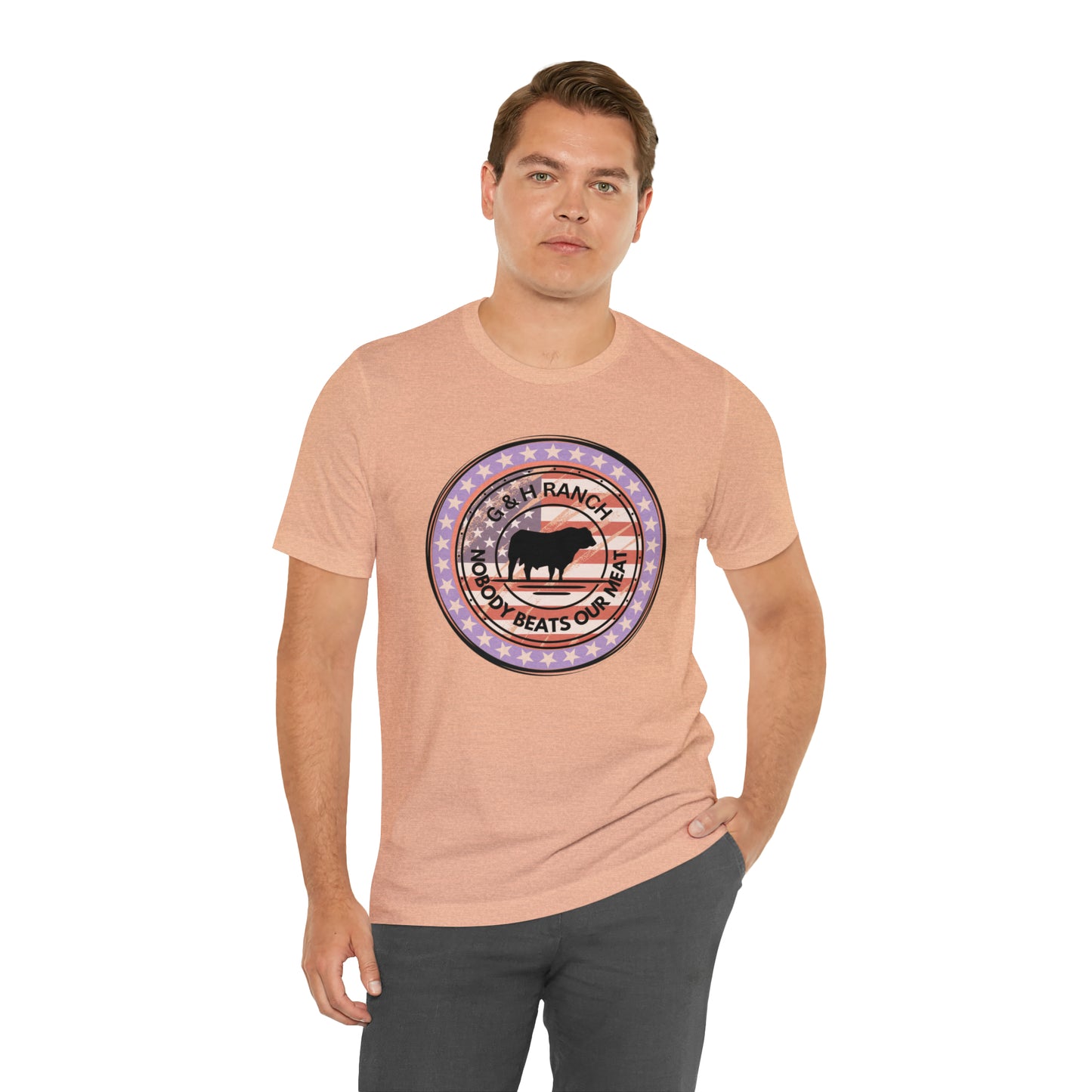 G & H Ranch Nobody Beats Our Meat Patriotic One Sided Unisex Jersey Short Sleeve Tee (Printed on Front)