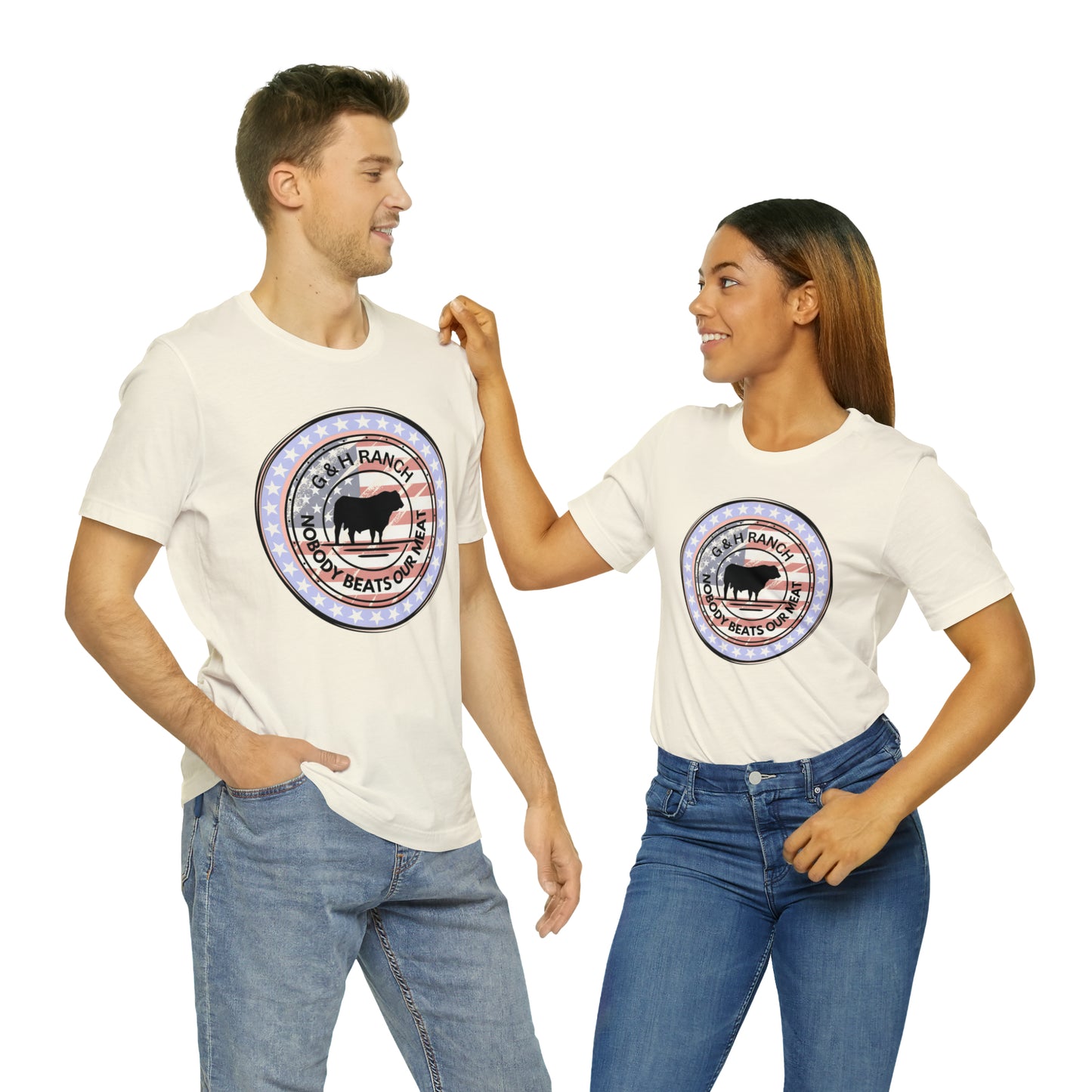 G & H Ranch Nobody Beats Our Meat Patriotic One Sided Unisex Jersey Short Sleeve Tee (Printed on Front)