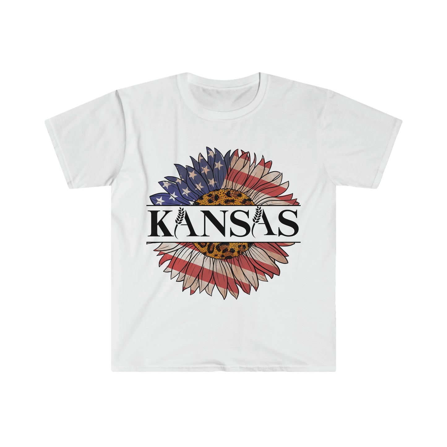 Kansas Sunflower American Flag One Sided Unisex Softstyle T-Shirt (Printed on front)