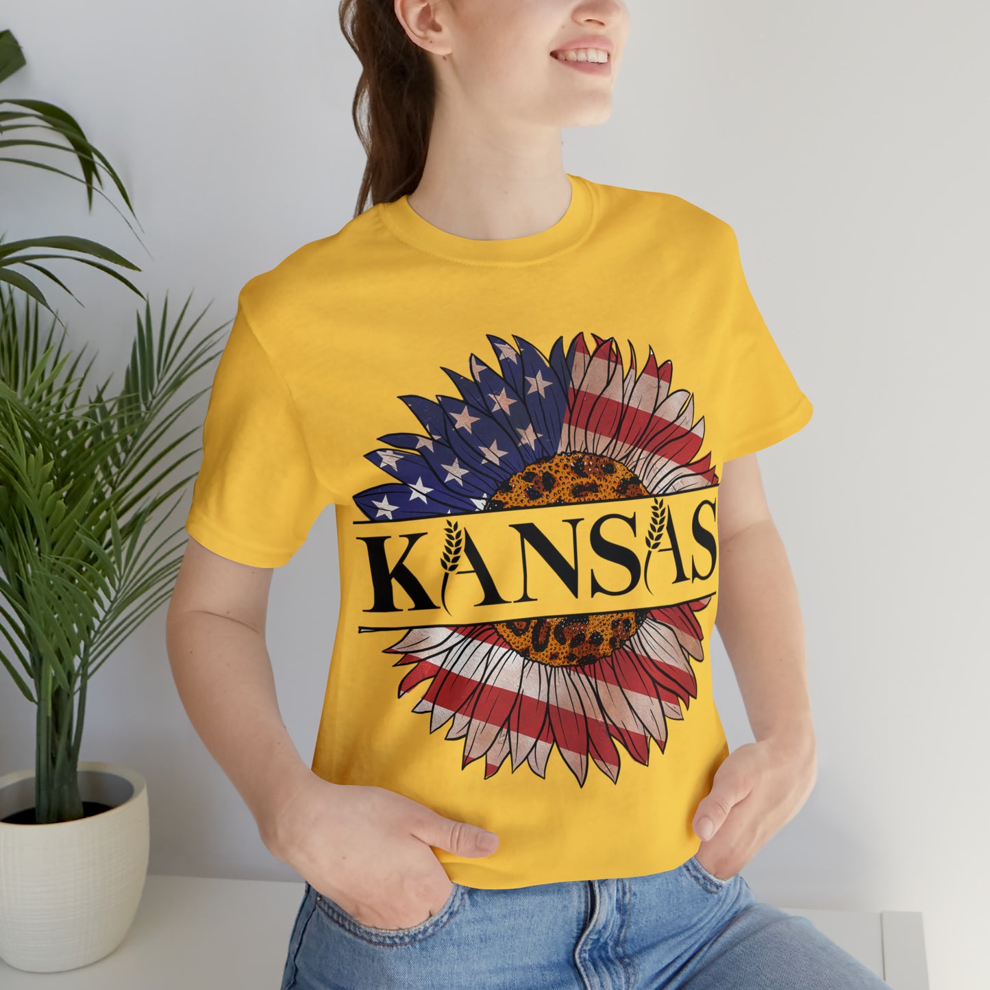 Kansas Sunflower American Colors One Sided Unisex Jersey Short Sleeve Tee (Printed on front)