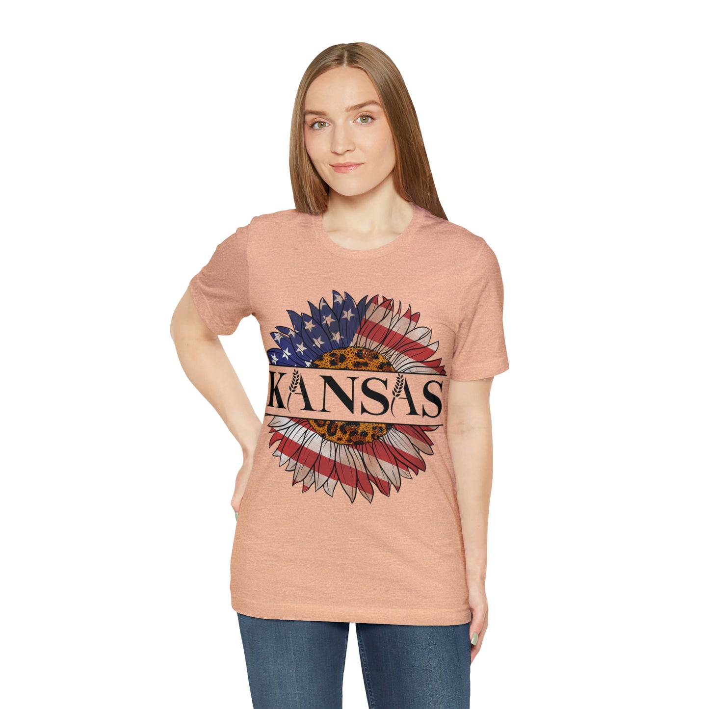 Kansas Sunflower American Colors One Sided Unisex Jersey Short Sleeve Tee (Printed on front)