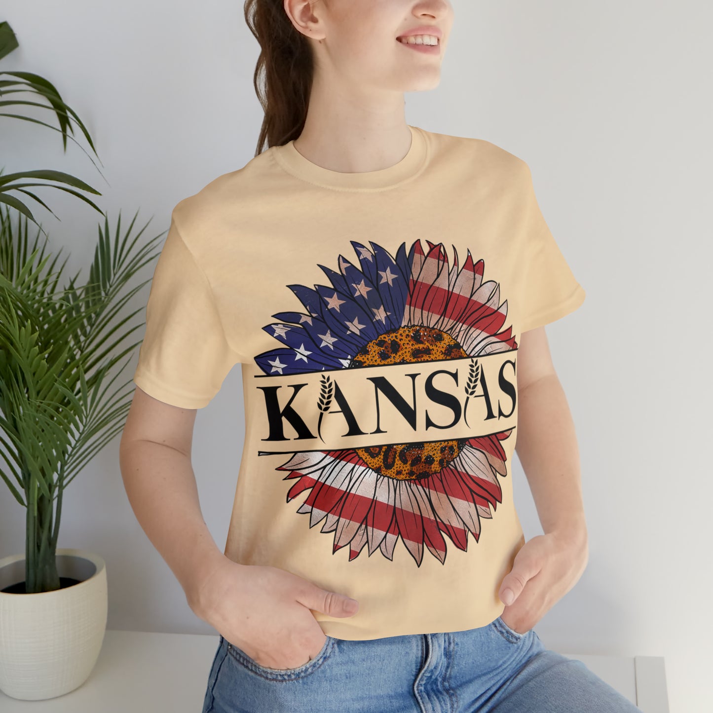 Kansas Sunflower American Colors One Sided Unisex Jersey Short Sleeve Tee (Printed on front)