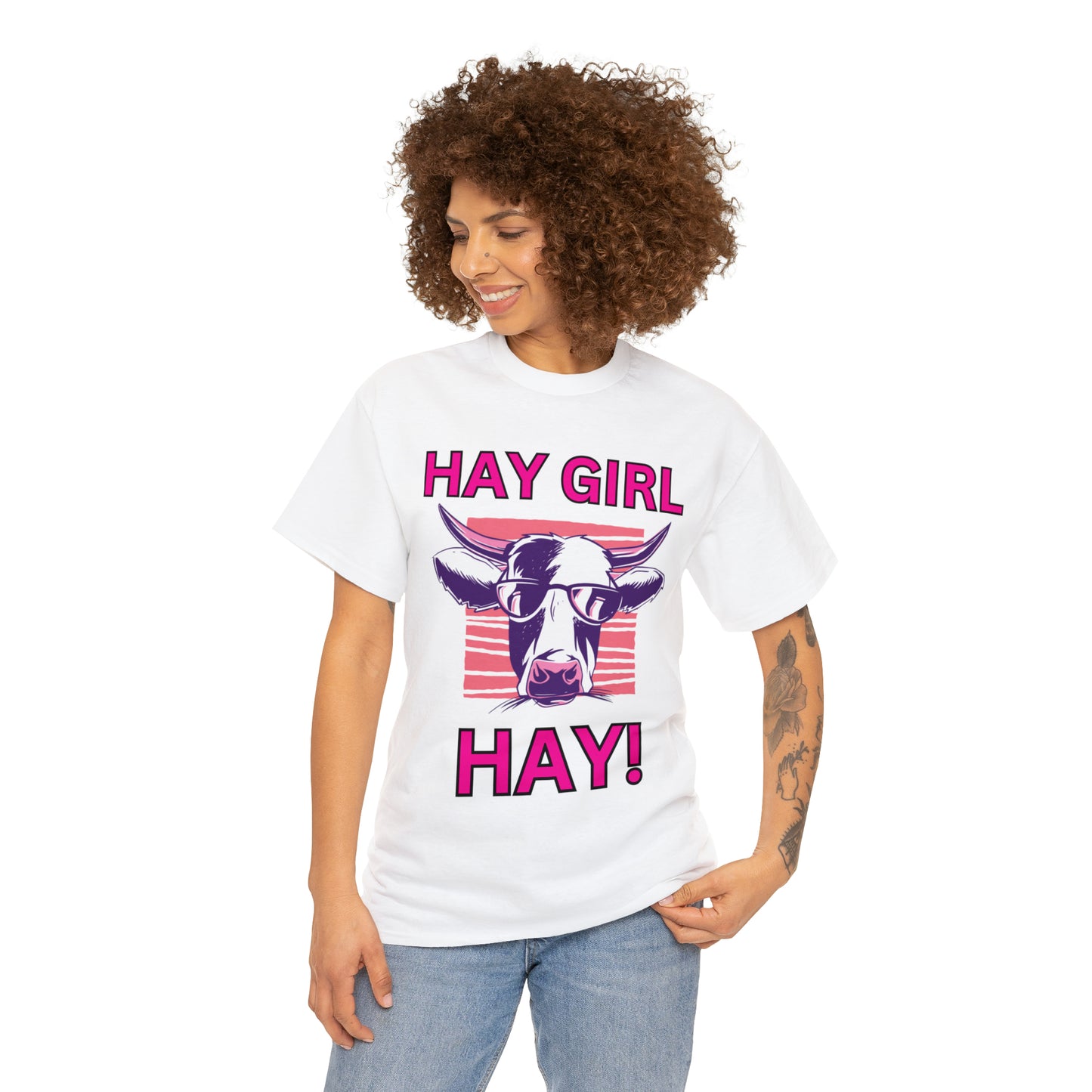 Hay Girl Hay Cow Gildan 5000 Unisex Heavy Cotton Tee (Printed on Front)