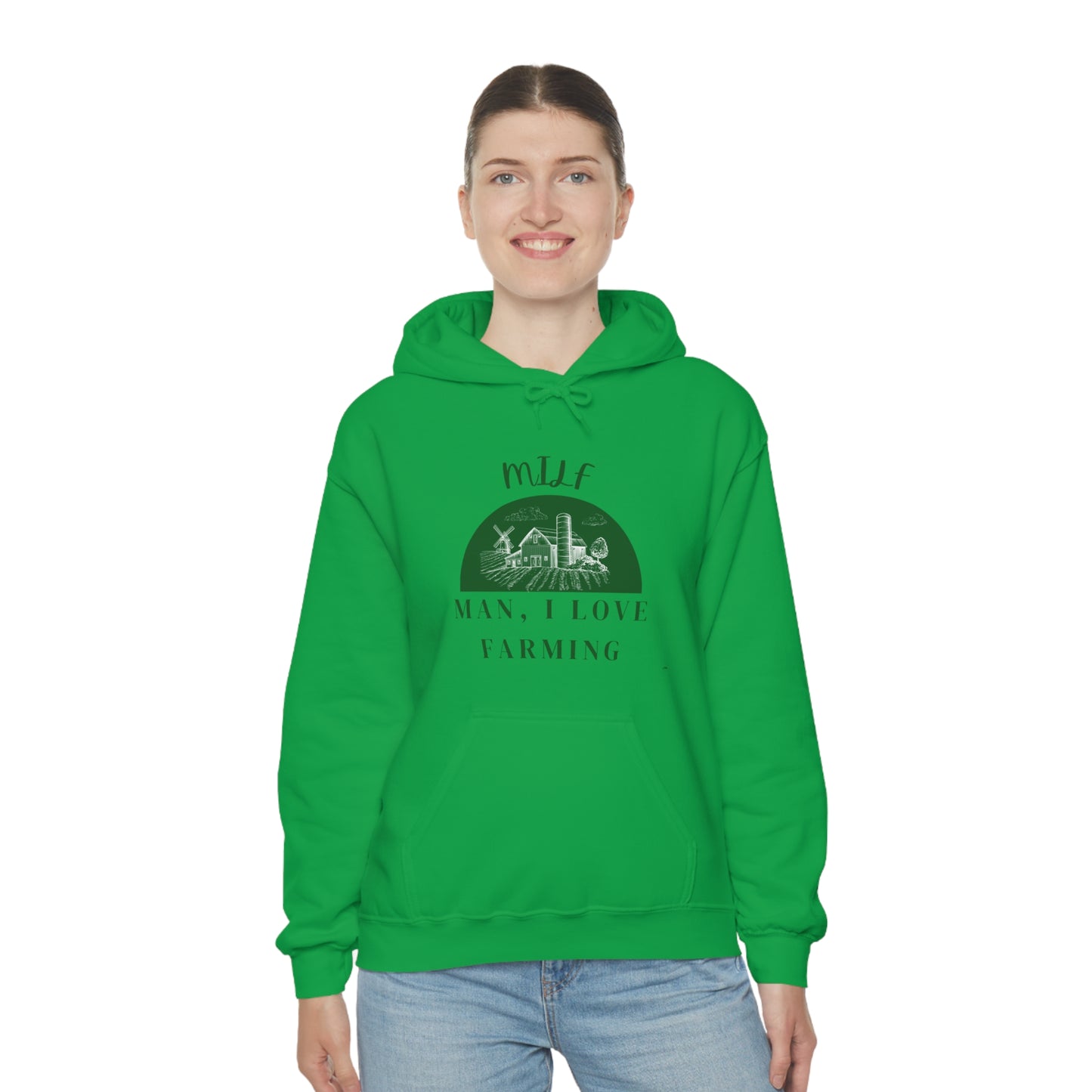 MILF Man, I Love Farming Unisex Heavy Blend™ Hooded Sweatshirt (Printed on front)