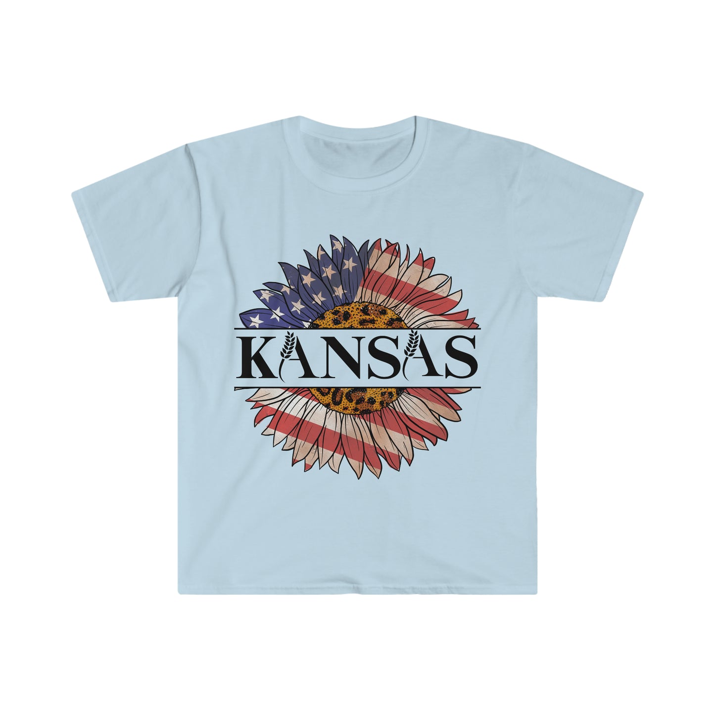 Kansas Sunflower American Flag One Sided Unisex Softstyle T-Shirt (Printed on front)